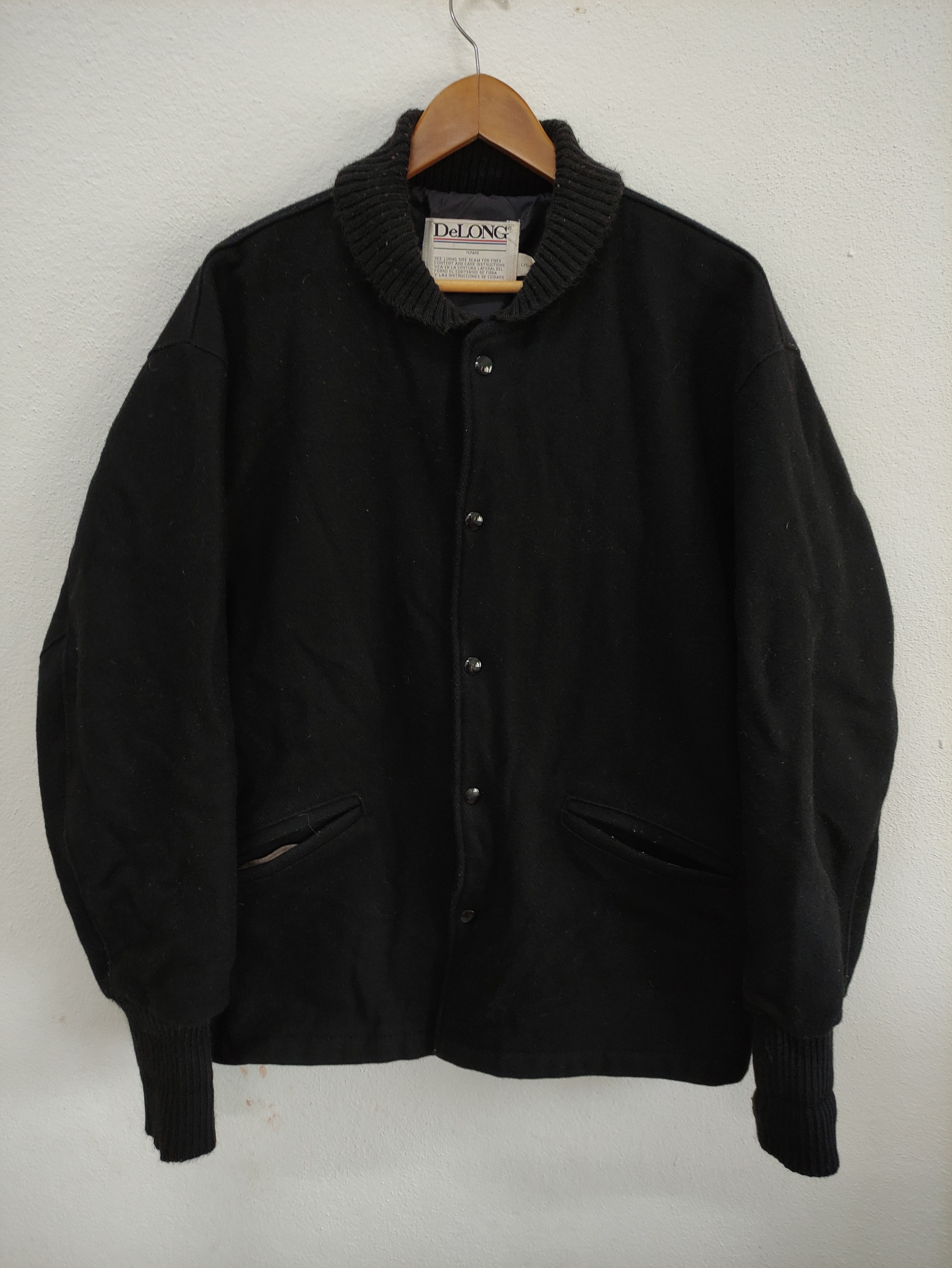 Delong × Vintage Vintage DeLong Black Blank Wool Varsity Jacket Made in USA Size US L / EU 52-54 / 3 - 1 Thumbnail