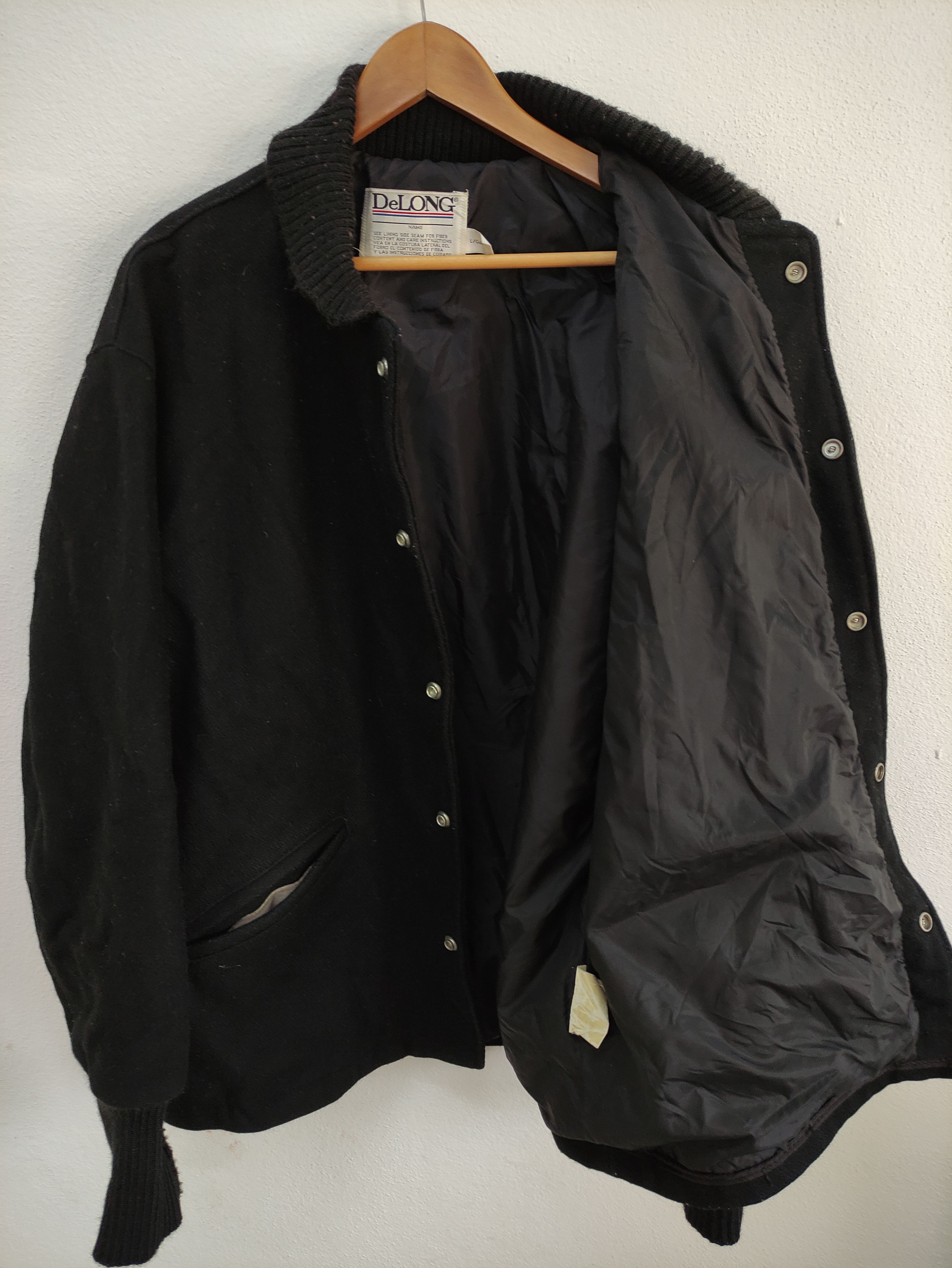 Delong × Vintage Vintage DeLong Black Blank Wool Varsity Jacket Made in USA Size US L / EU 52-54 / 3 - 3 Thumbnail