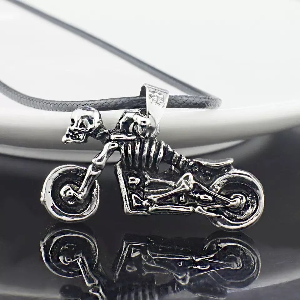 Jewelry Skeleton Motorcycle Stainless Steel leather chain Necklace Size ONE SIZE - 2 Thumbnail