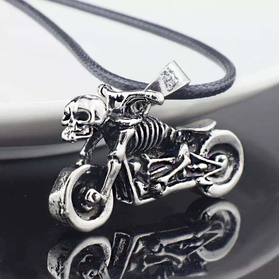 Jewelry Skeleton Motorcycle Stainless Steel leather chain Necklace Size ONE SIZE - 1 Thumbnail
