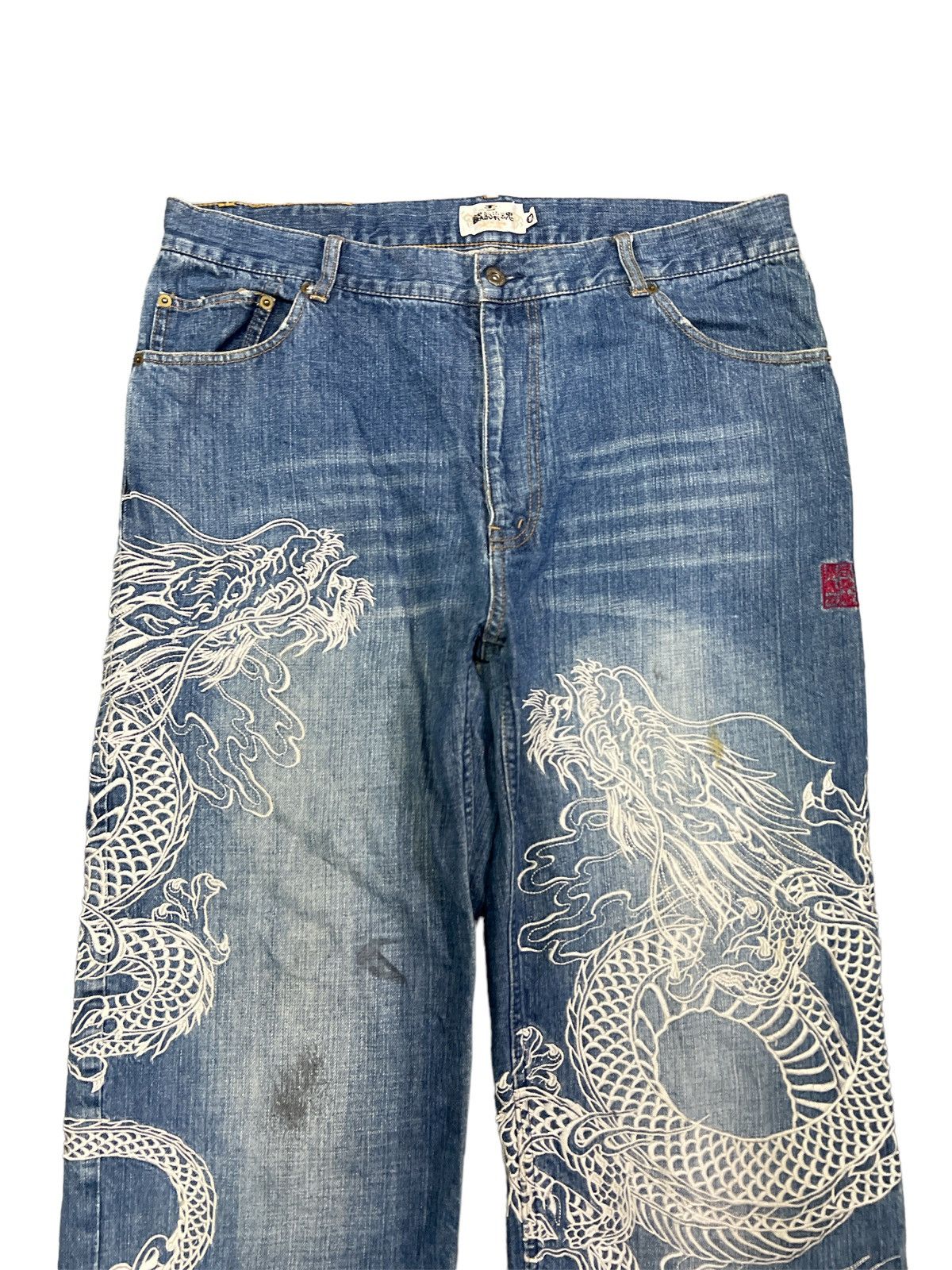 Dragonfly × Japanese Brand BAGGY💥EMBROIDERY MAFIA DOUBLE DRAGON DENIM PANT Size US 37 - 3 Thumbnail