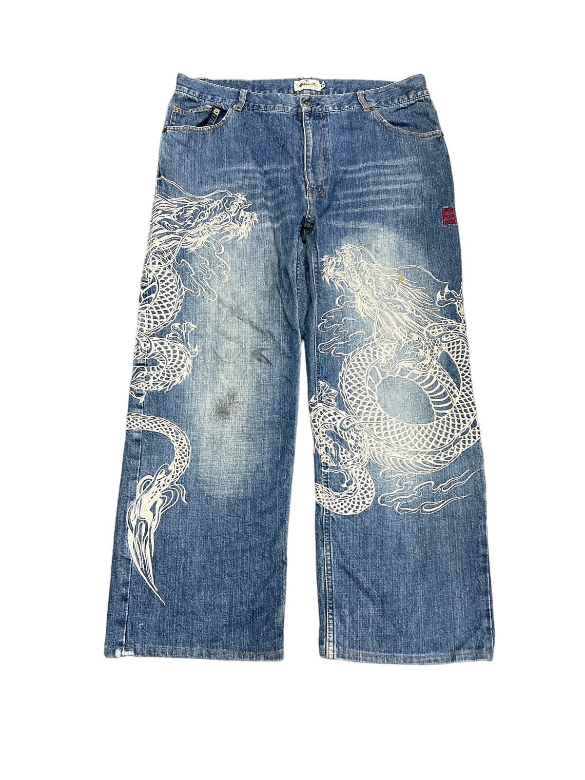 Dragonfly × Japanese Brand BAGGY💥EMBROIDERY MAFIA DOUBLE DRAGON DENIM PANT Size US 37 - 1 Thumbnail