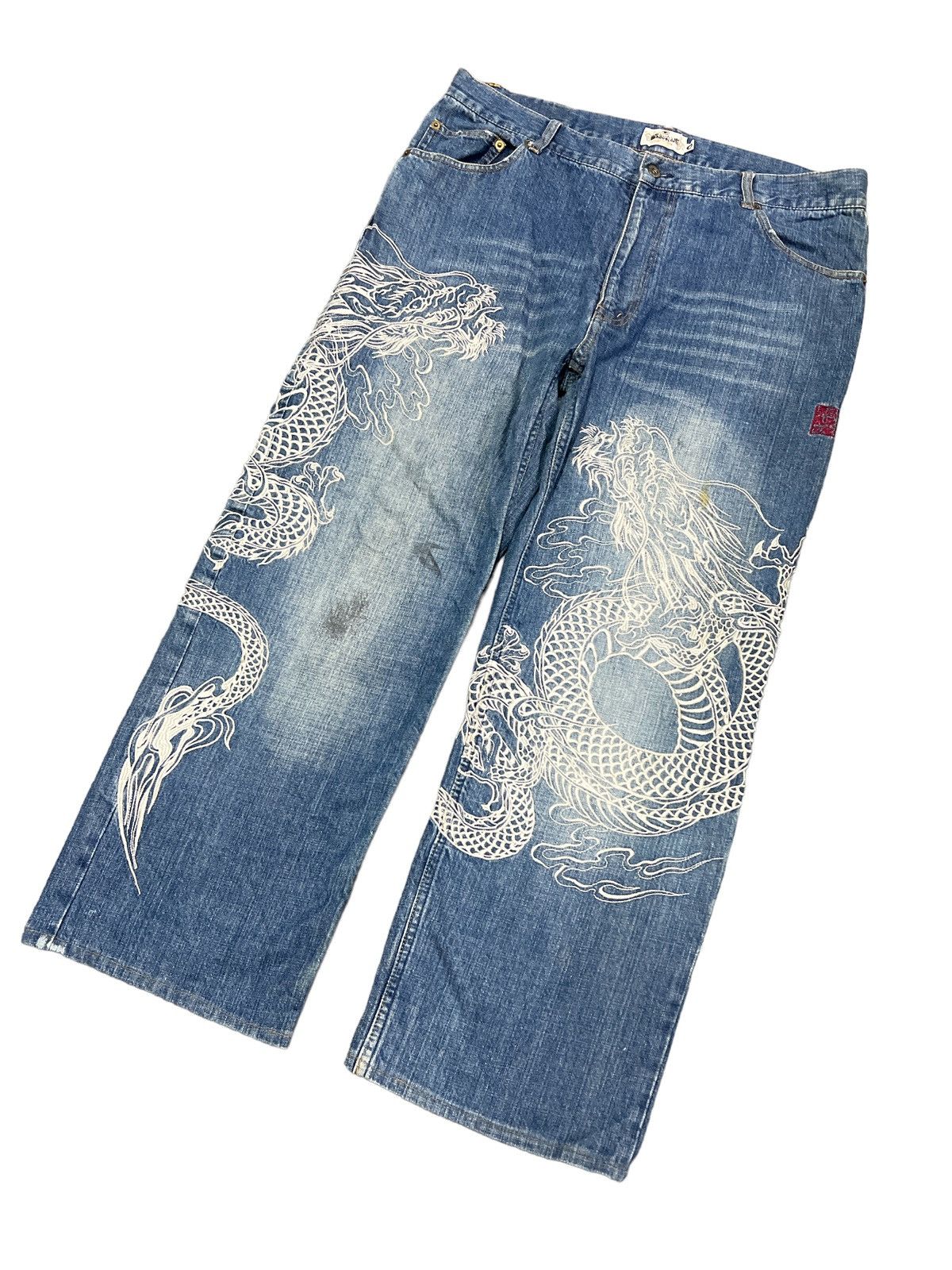 Dragonfly × Japanese Brand BAGGY💥EMBROIDERY MAFIA DOUBLE DRAGON DENIM PANT Size US 37 - 5 Thumbnail