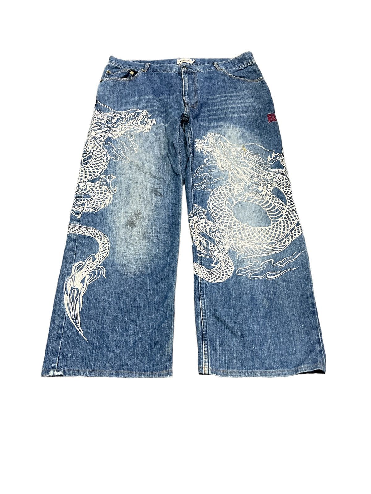 Dragonfly × Japanese Brand BAGGY💥EMBROIDERY MAFIA DOUBLE DRAGON DENIM PANT Size US 37 - 2 Thumbnail