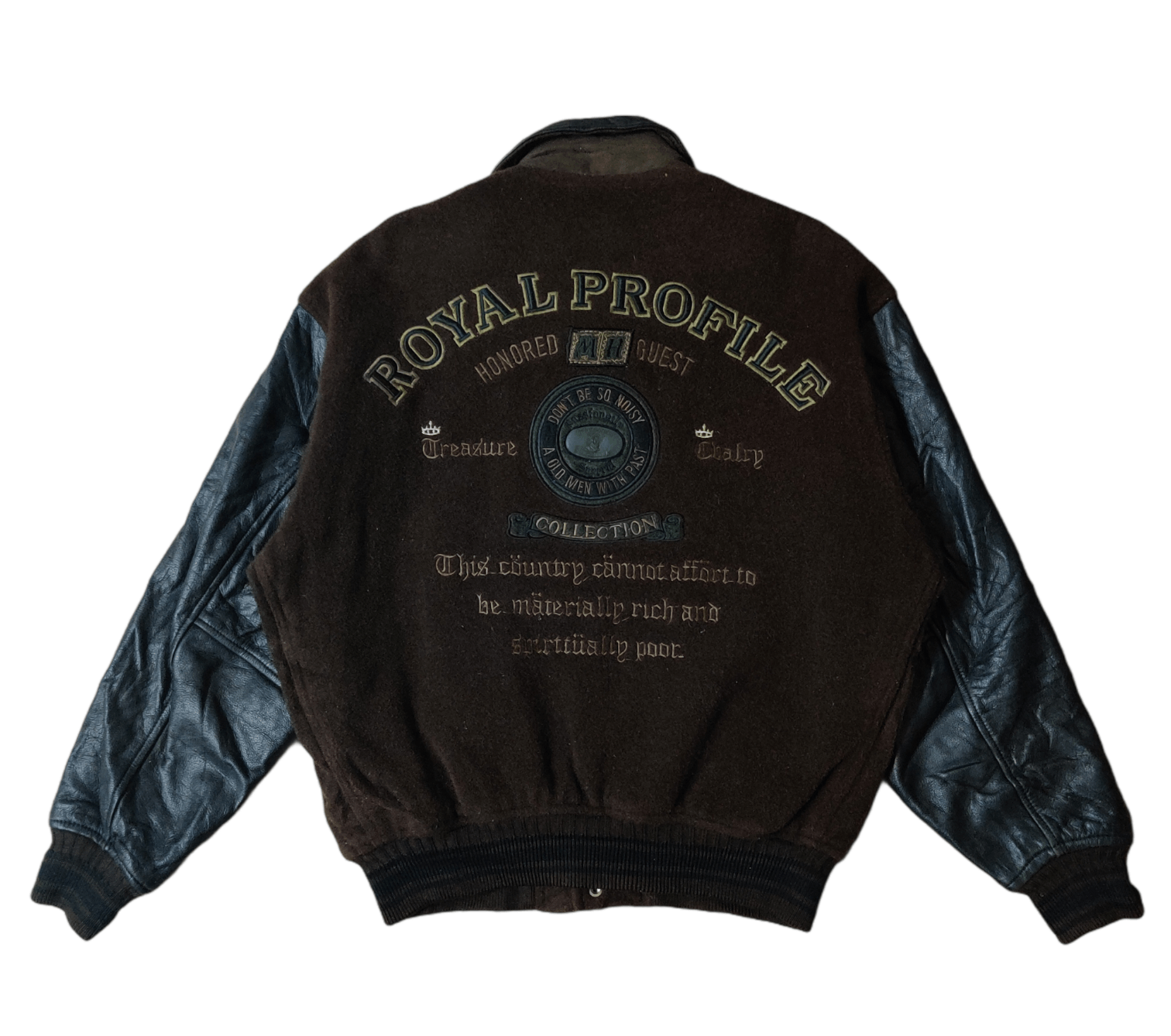 image of Varsity Jacket x Vintage Machope Wool Bomber Jacket Leather Sleeve in Dark Brown, Men's (Size Large