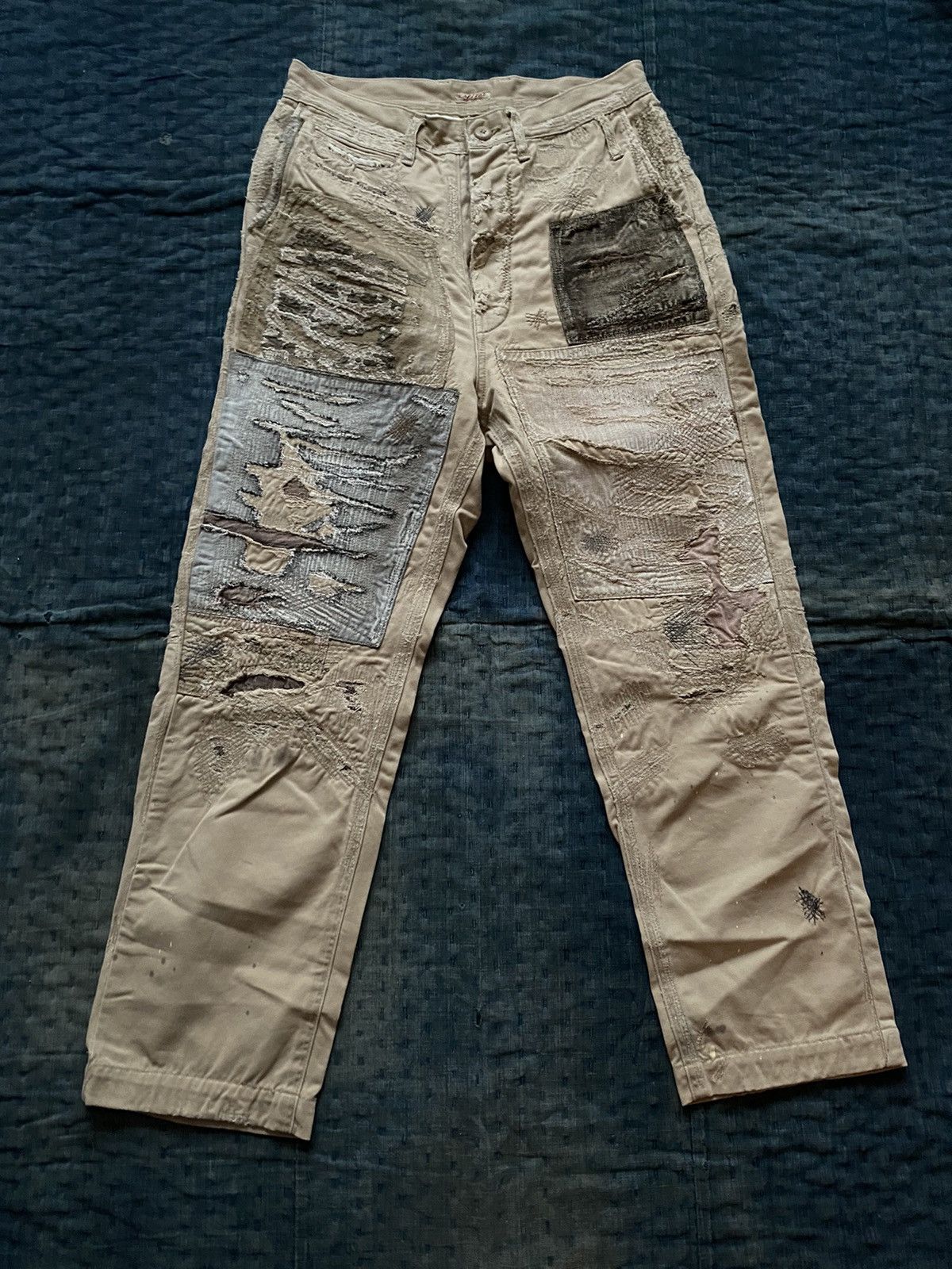 image of Kapital Crash Damaged Chino Pants in Beige, Men's (Size 29)