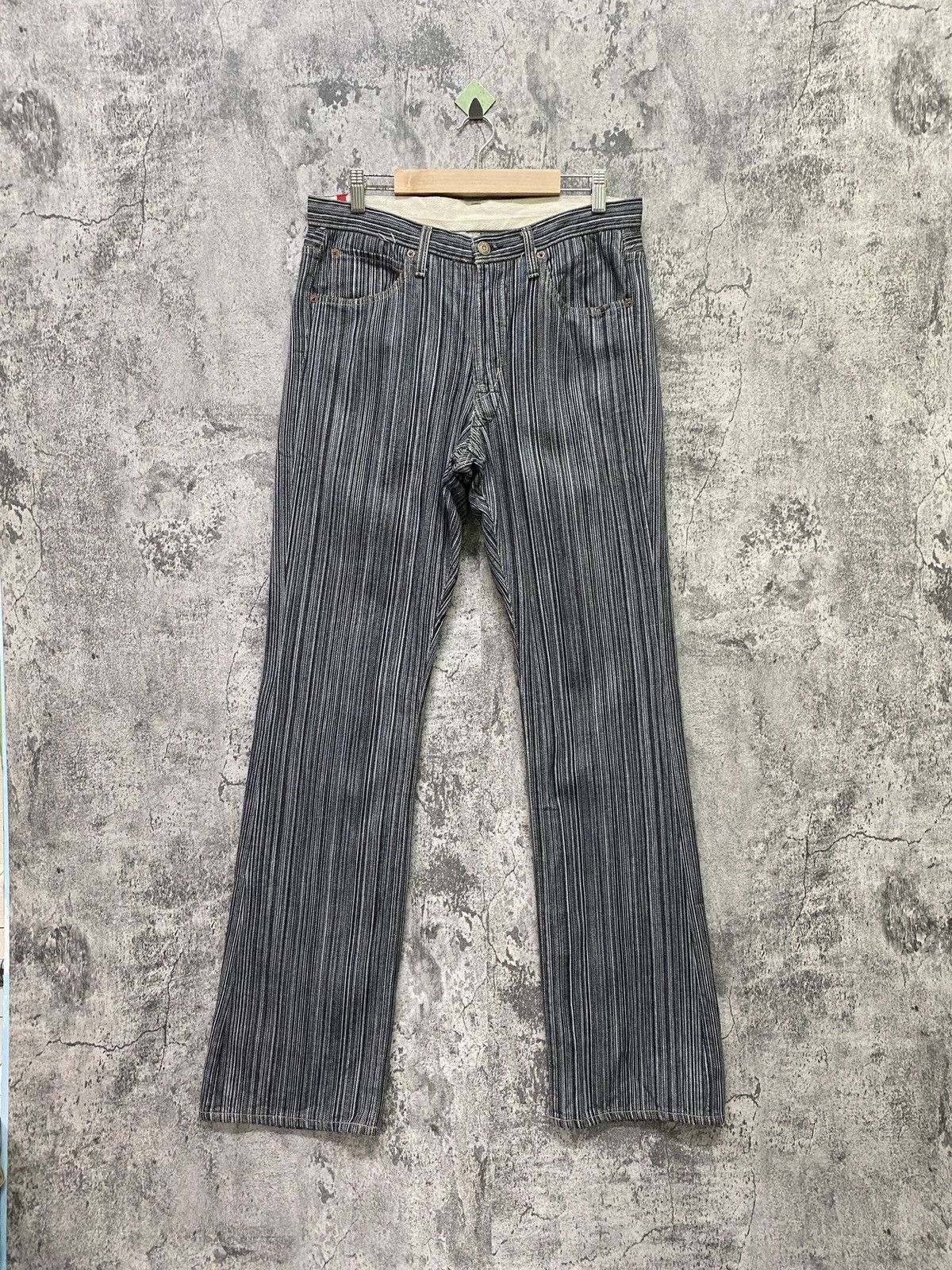 image of Vintage Japan Made Blue Way Pinstripe Flared Bootcut Denim in Black/Blue/White, Men's (Size 30)