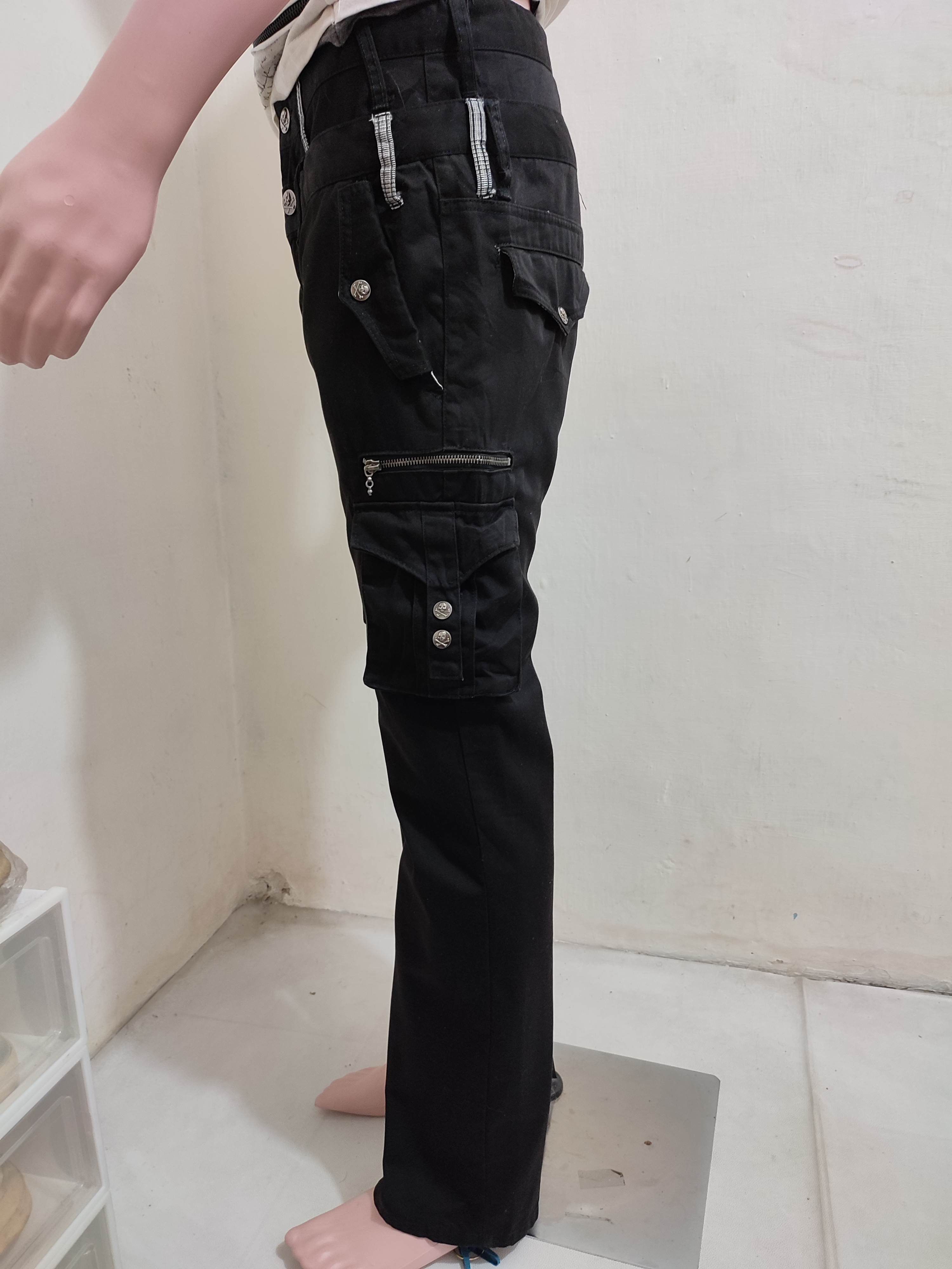Japanese Brand 🔥Doublefocus doubleWaist Cargo Skull Button Punk Pants Size US 33 - 2 Thumbnail