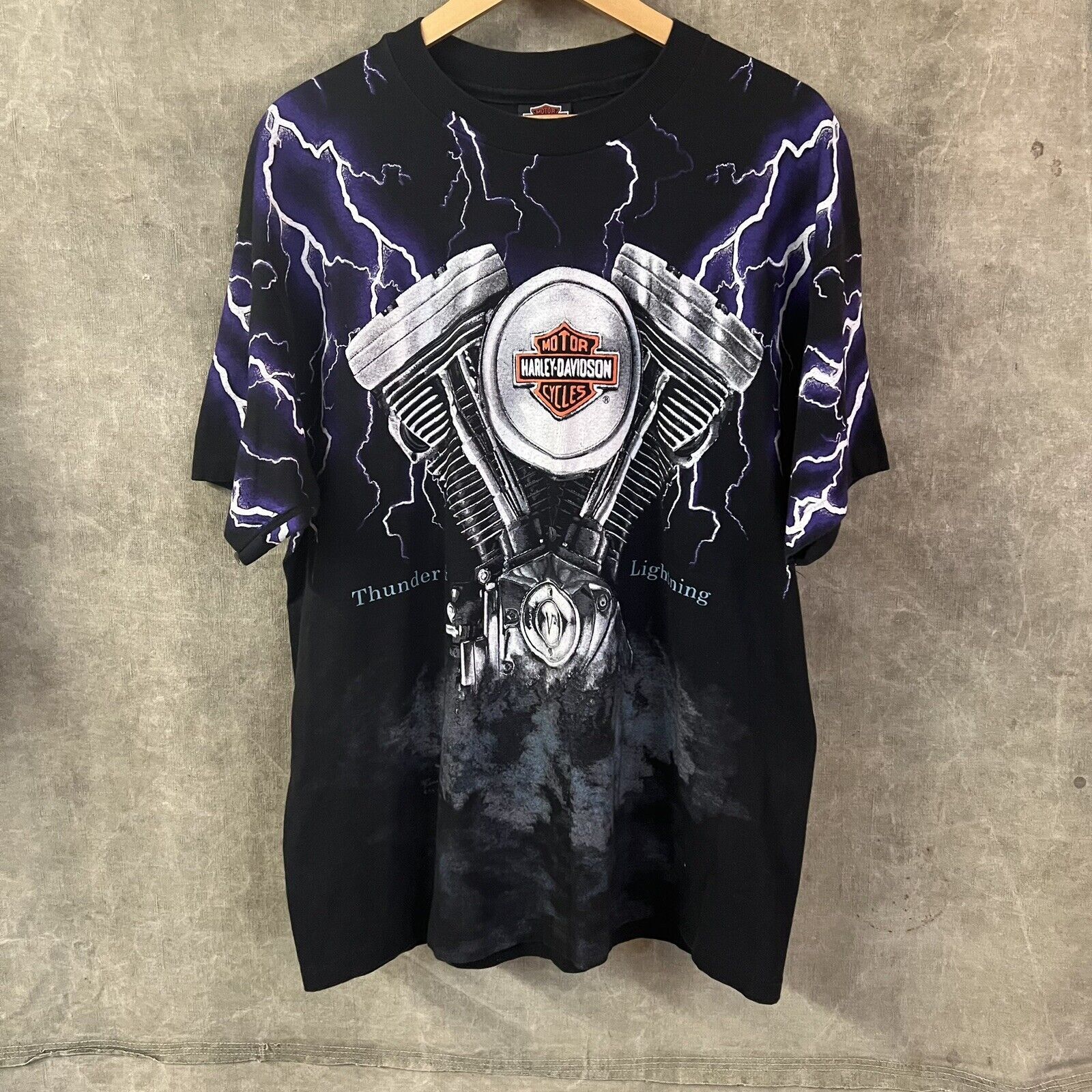 T-shirt Vintage Biker Y2K - Motif Eagle Thunder Lightning - Taille L Noir Coton