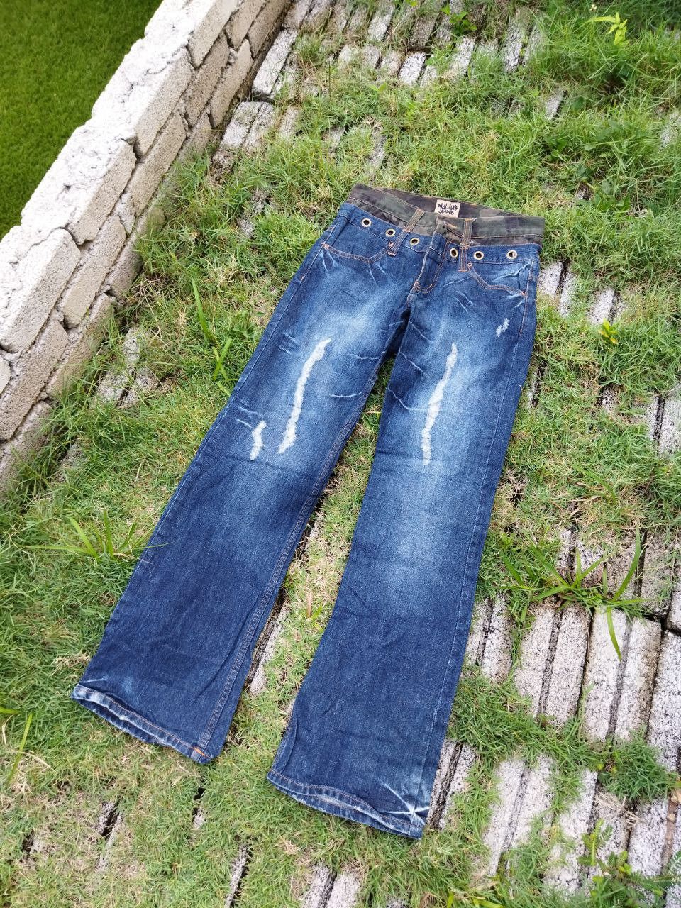 image of Archival Clothing x Vintage Nylaus Japan Double Waist Flared Jeans in Blue Distressed (Size 31)