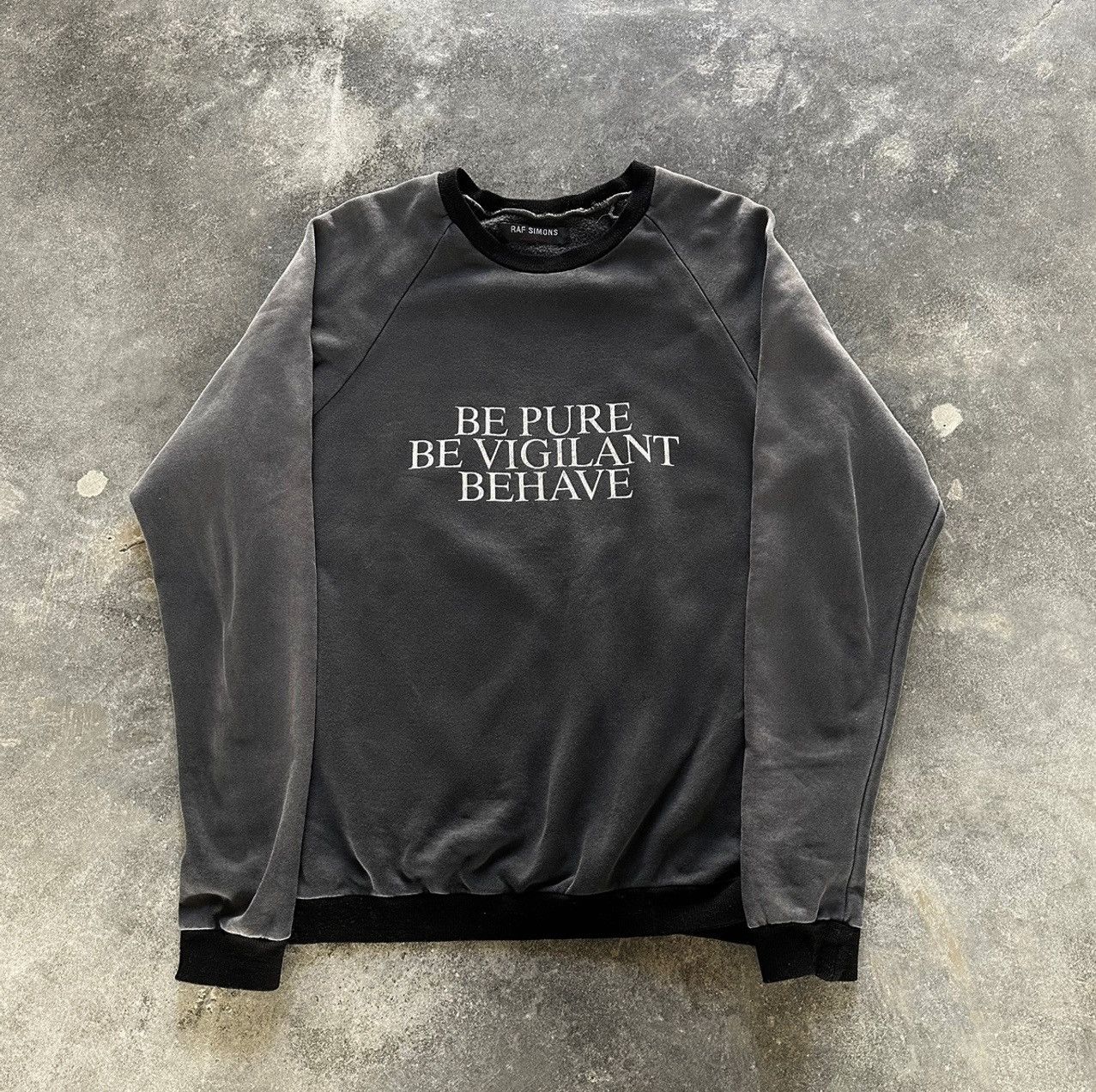 image of Raf Simons Ss02 “Be Pure Be Vigilant Behave” Crewneck Sweatshirt in Faded Grey, Men's (Size Large)
