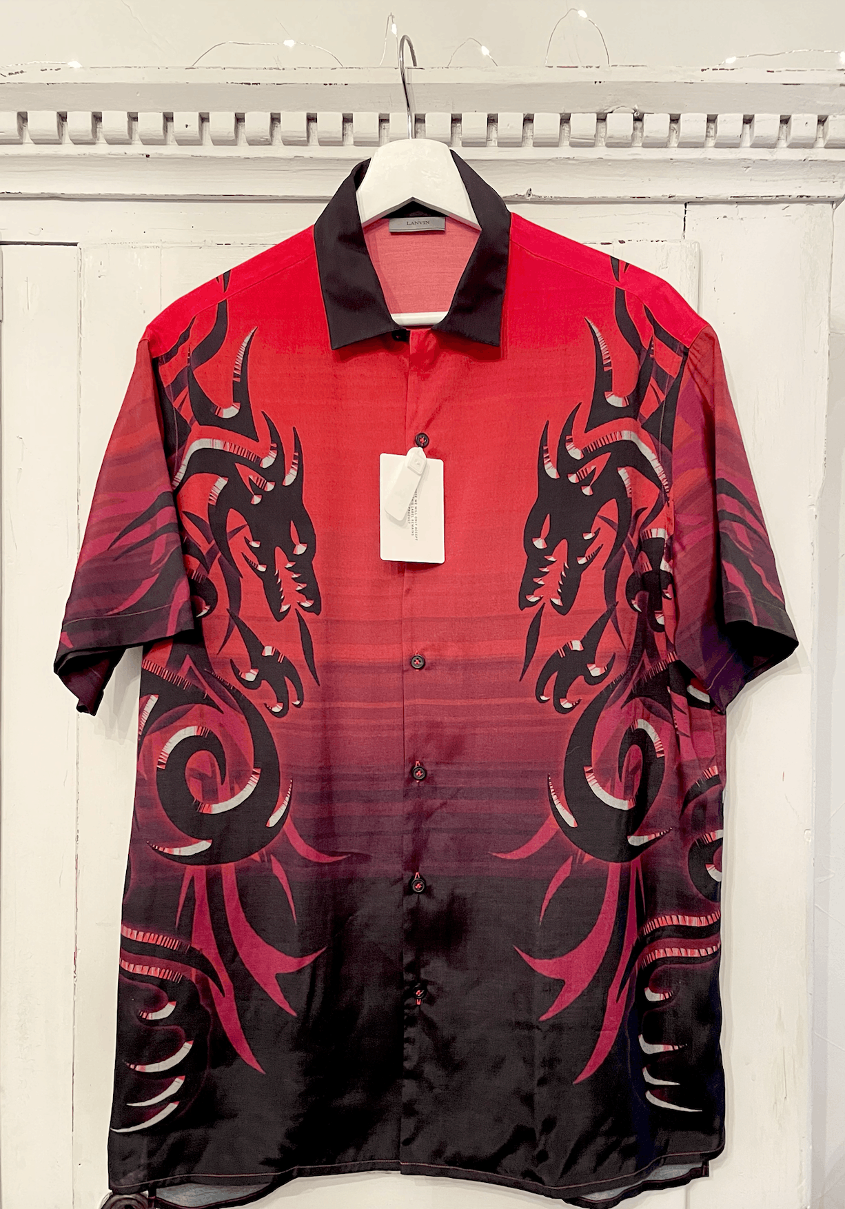 image of Lanvin Tribal Dragon Bowling Shirt in Red/Black, Men's (Size Medium)