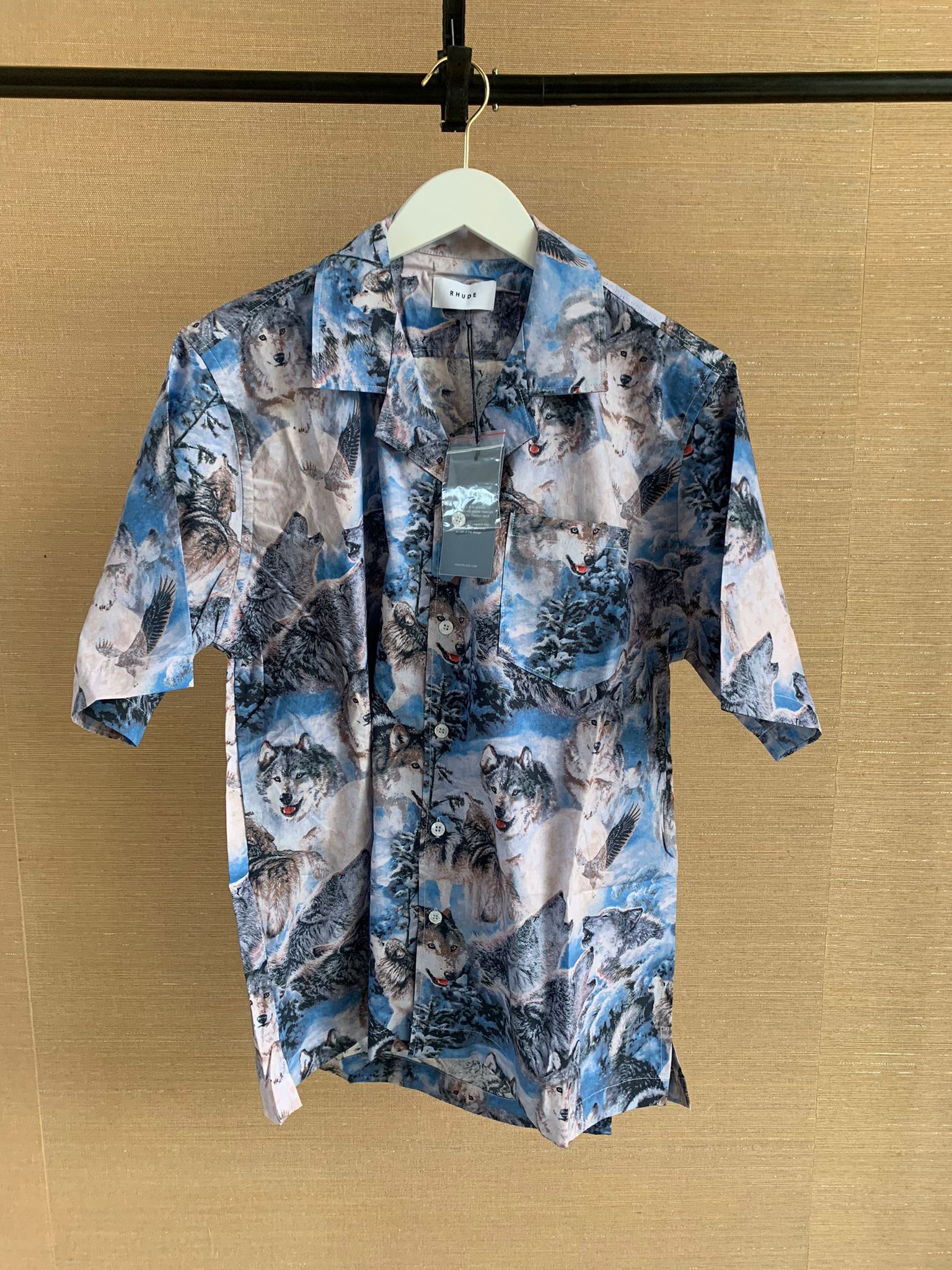 image of Rhude Wolves Ss Button Up In Wolves Print, Men's (Size Small)