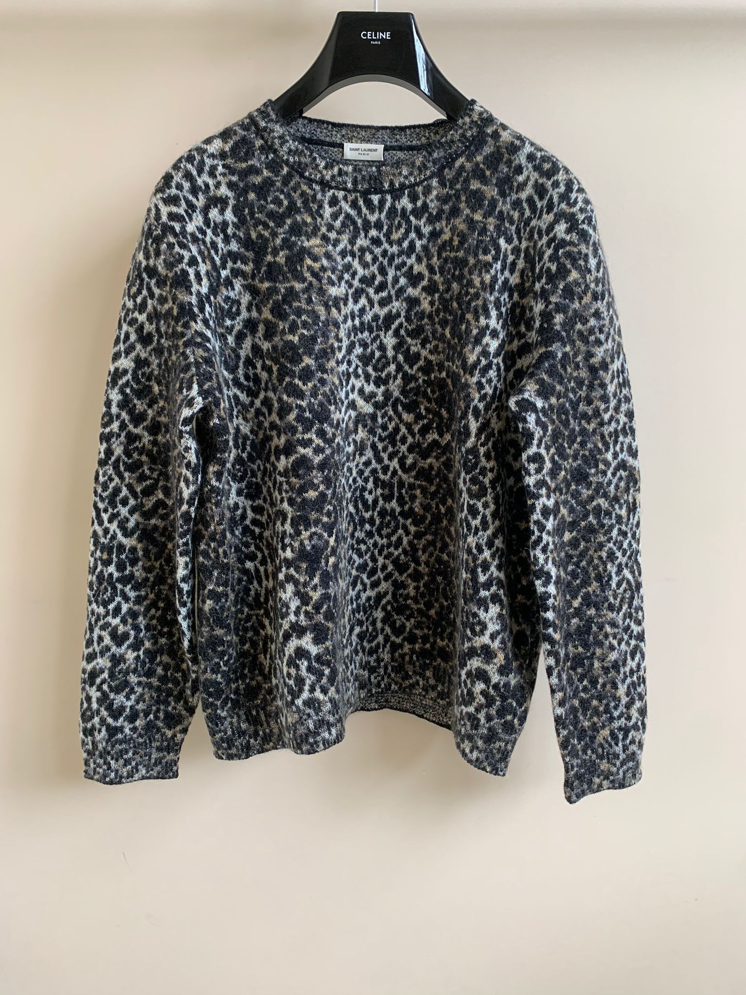 image of Saint Laurent Paris Round Neck Jacquard Leopard Knitwear In Leopard, Men's (Size 2XL)