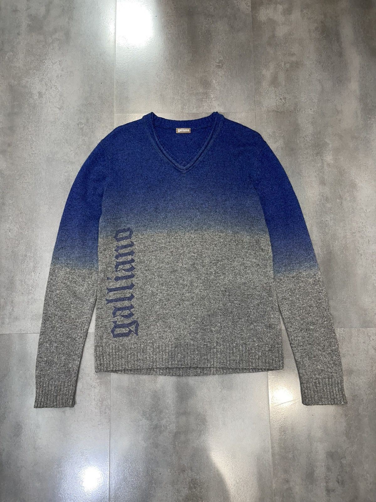 image of Avant Garde x Galliano Ombre Blue Grey Big Logo Wool Sweater, Men's (Size Medium)
