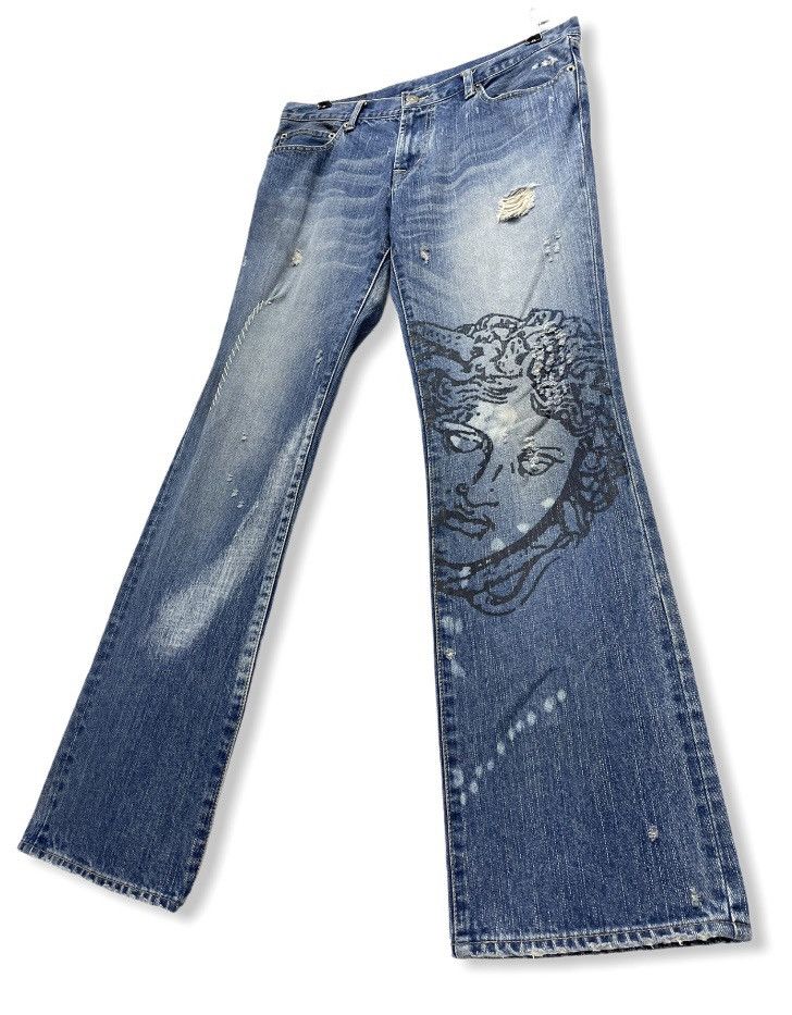 image of Distressed Denim x Ppfm Medusa Art Flare Denim Inspired By Versace in Blue Distressed (Size 30)