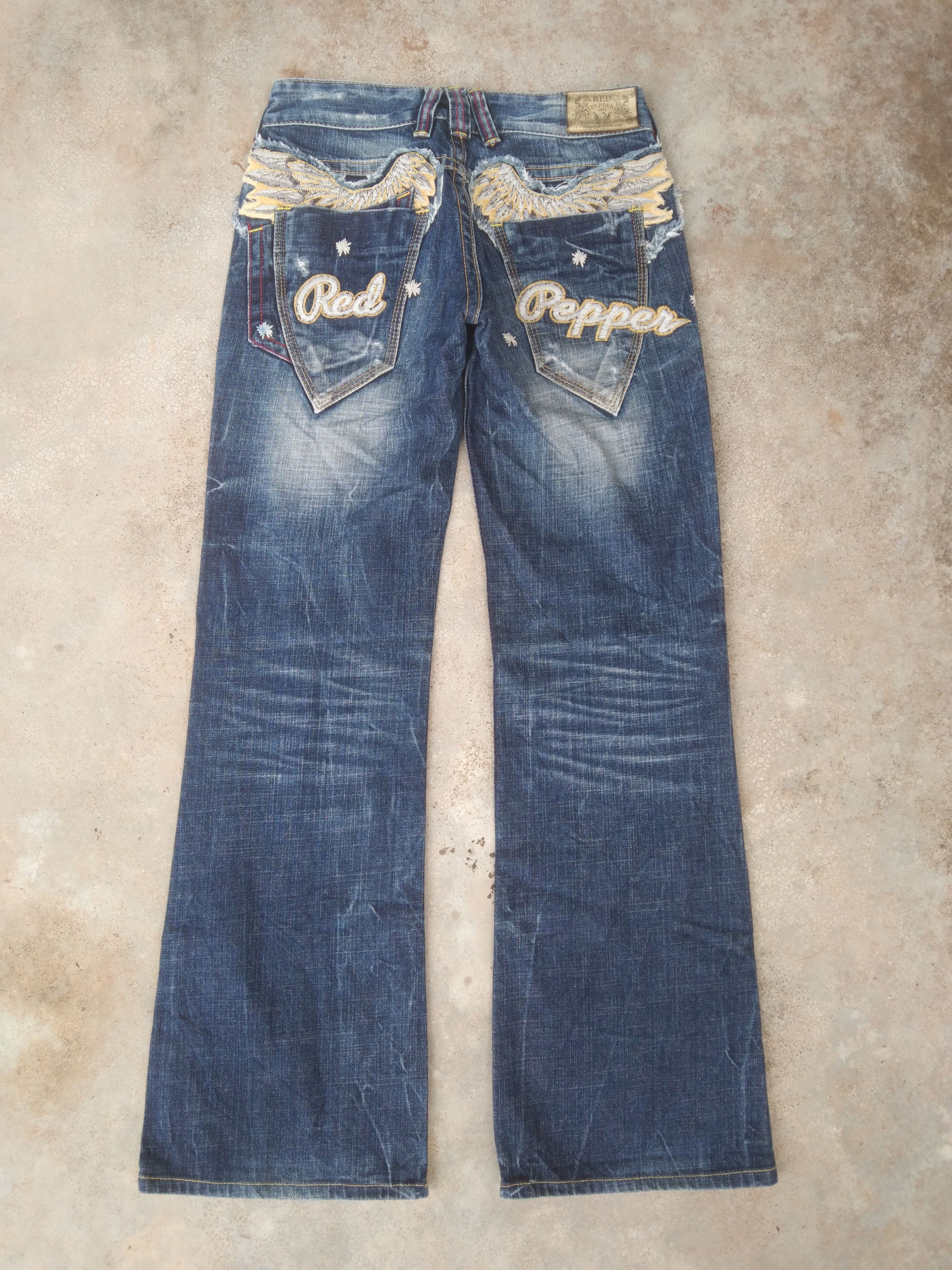 image of Flared Jeans Red Pepper Angle Wings Retro Punk Pants in Blue, Men's (Size 27)