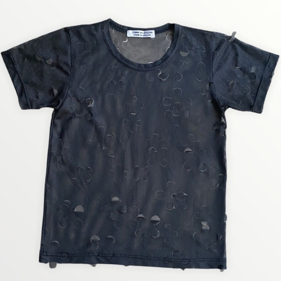 image of Comme Des Garcons Floral Laser Cut Mesh Net T Shirt in Black, Men's (Size XS)