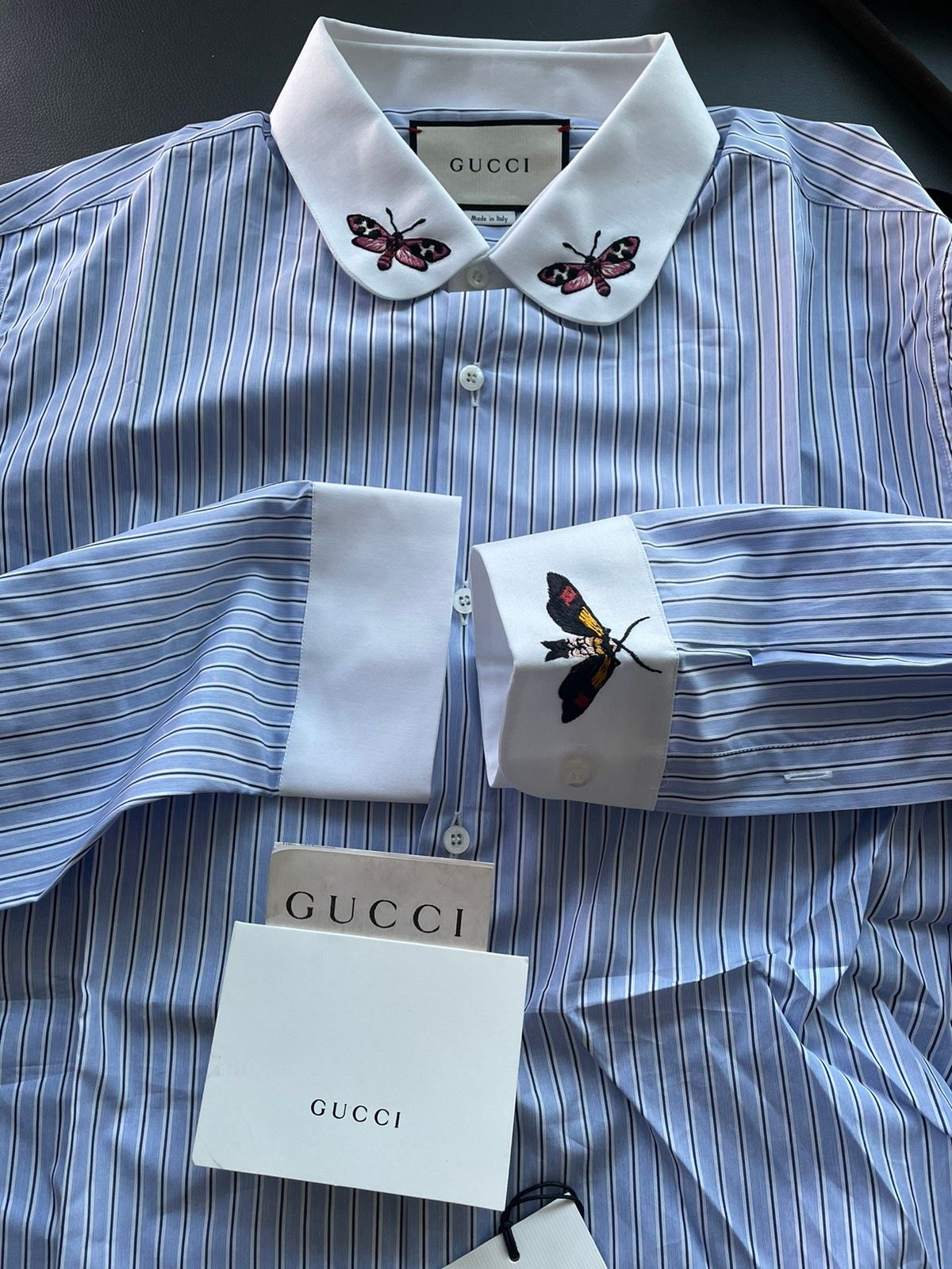 Pre-owned Gucci 100% New Super Runway Embroidery Butterfly Duke Shirt In Blue