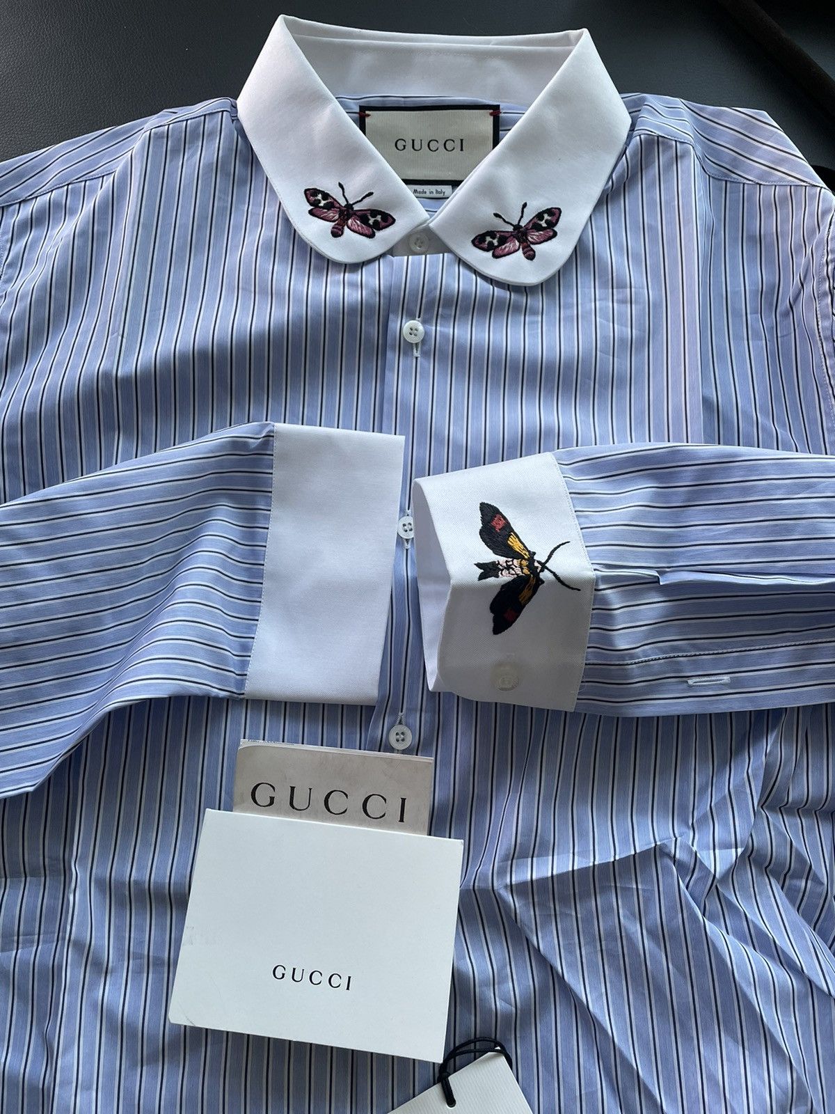 image of Gucci 100% New Super Runway Embroidery Butterfly Duke Shirt in Blue, Men's (Size Large)