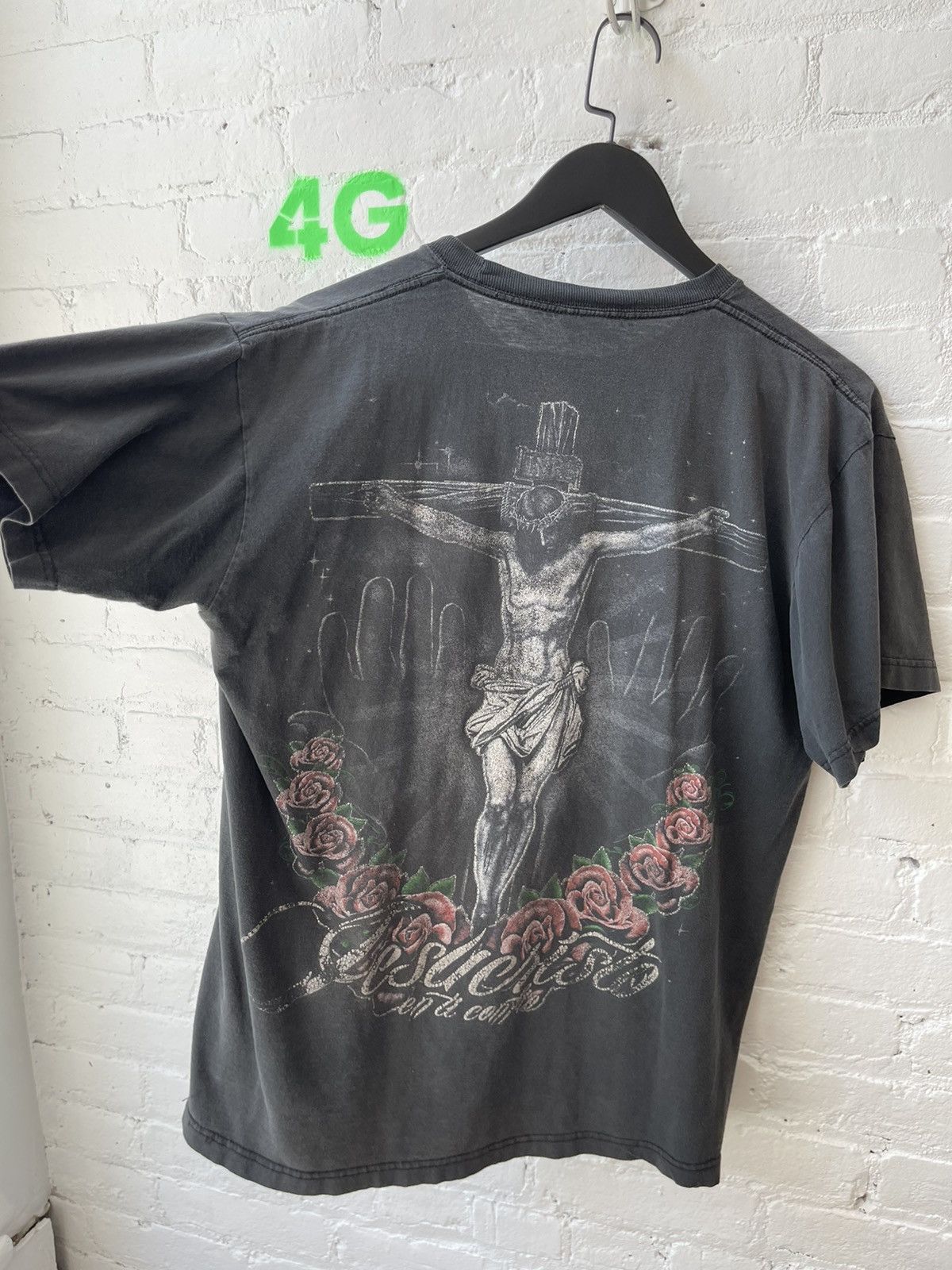 image of Vintage Thrashed Faded Rose Religion God Cross Jesus Shirt in Black Faded, Men's (Size XL)