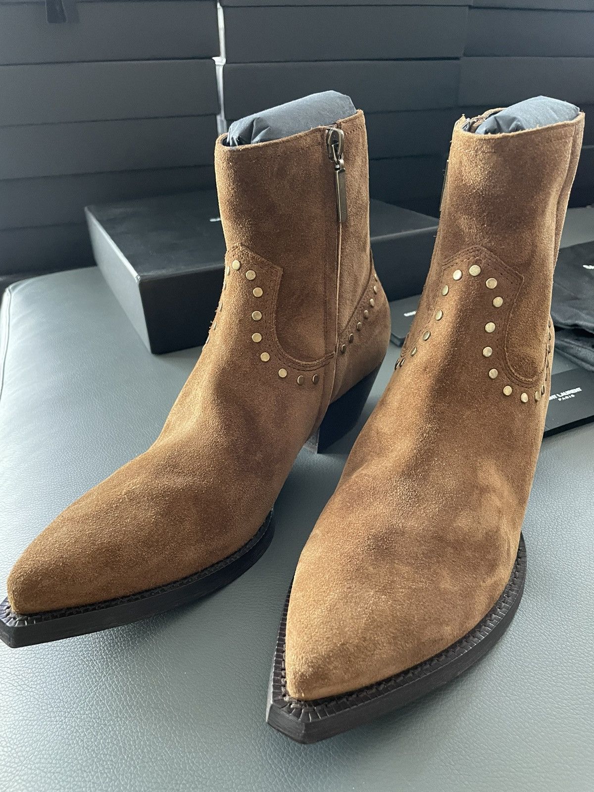 Hedi Slimane × Saint Laurent Paris × Yves Saint Laurent Brand NEW Lukas Florence Studs Suede Leather Western Boots Size US 9.5 / EU 42-43 - 1 Thumbnail