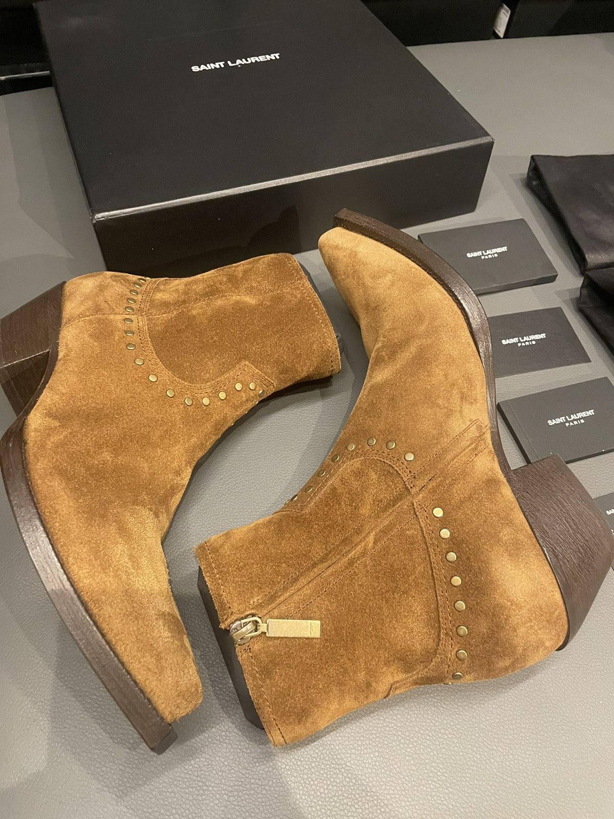 Hedi Slimane × Saint Laurent Paris × Yves Saint Laurent Brand NEW Runway Florence Gold Officer Suede Leather Boots Size US 10.5 / EU 43-44 - 9 Thumbnail