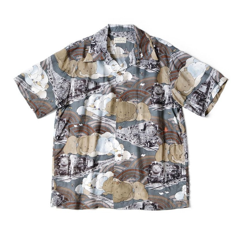 image of Kapital Silk Rayon Aloha Shirt Ciberympic Train Pt Size 2 in Grey, Men's
