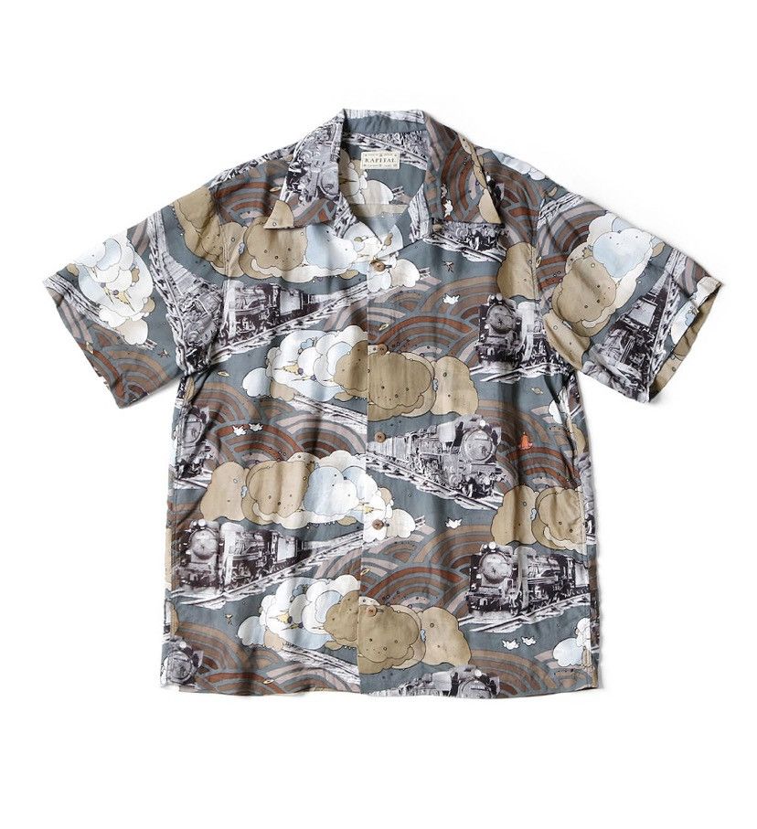image of Kapital Silk Rayon Aloha Shirt Ciberympic Train Pt in Grey, Men's (Size Large)