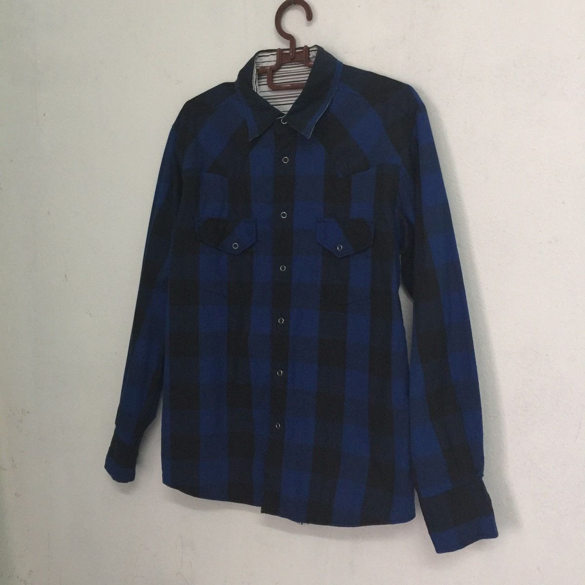 Flannel Blue black white checked stripes double side flannel shirt Size US M / EU 48-50 / 2 - 3 Thumbnail