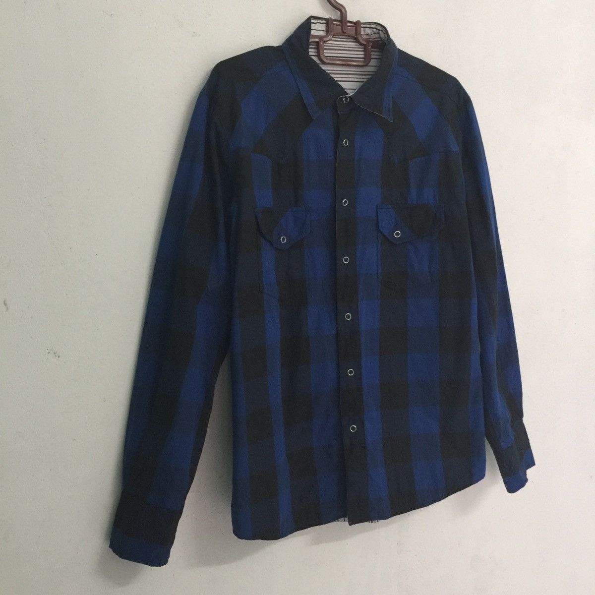 Flannel Blue black white checked stripes double side flannel shirt Size US M / EU 48-50 / 2 - 4 Thumbnail
