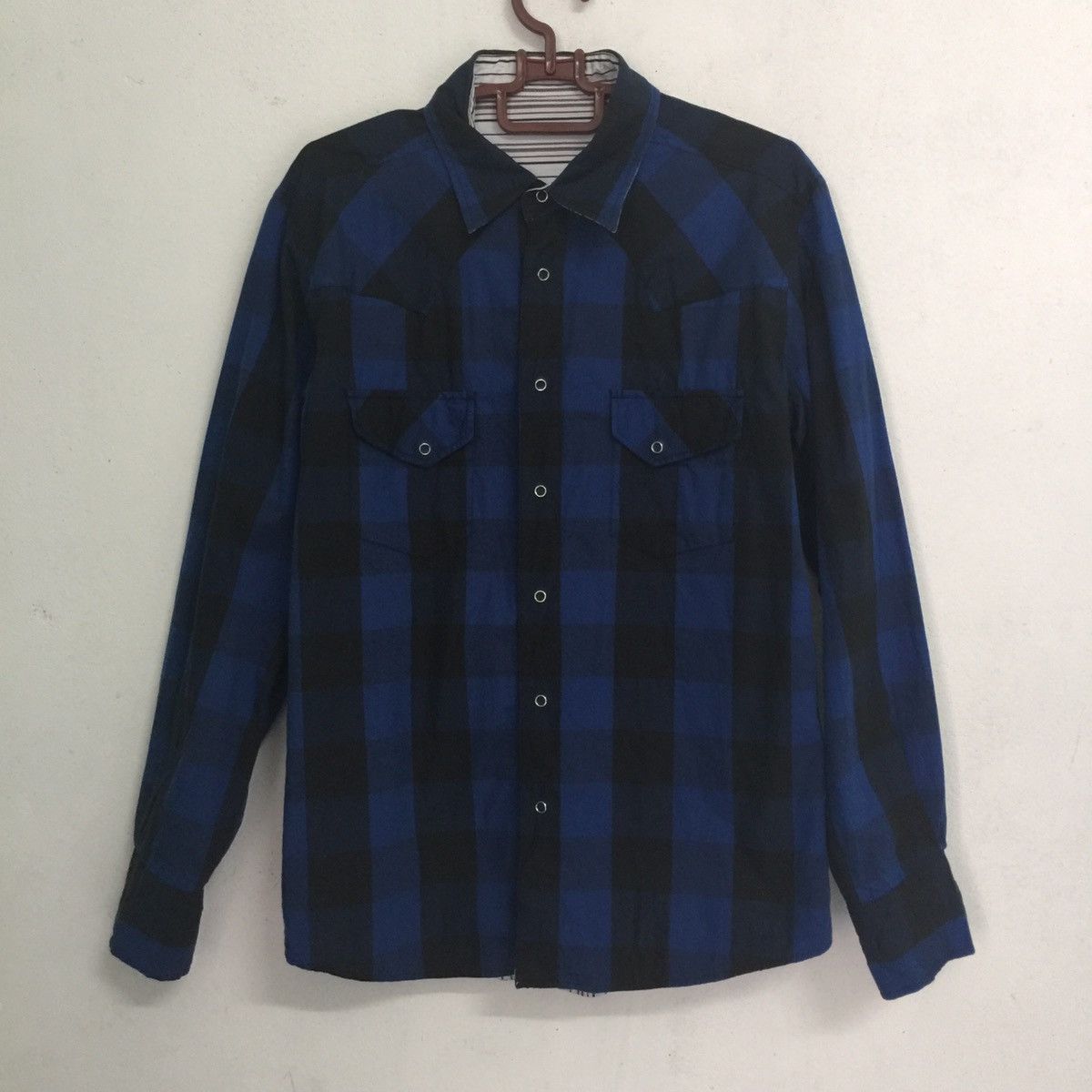 Flannel Blue black white checked stripes double side flannel shirt Size US M / EU 48-50 / 2 - 1 Thumbnail