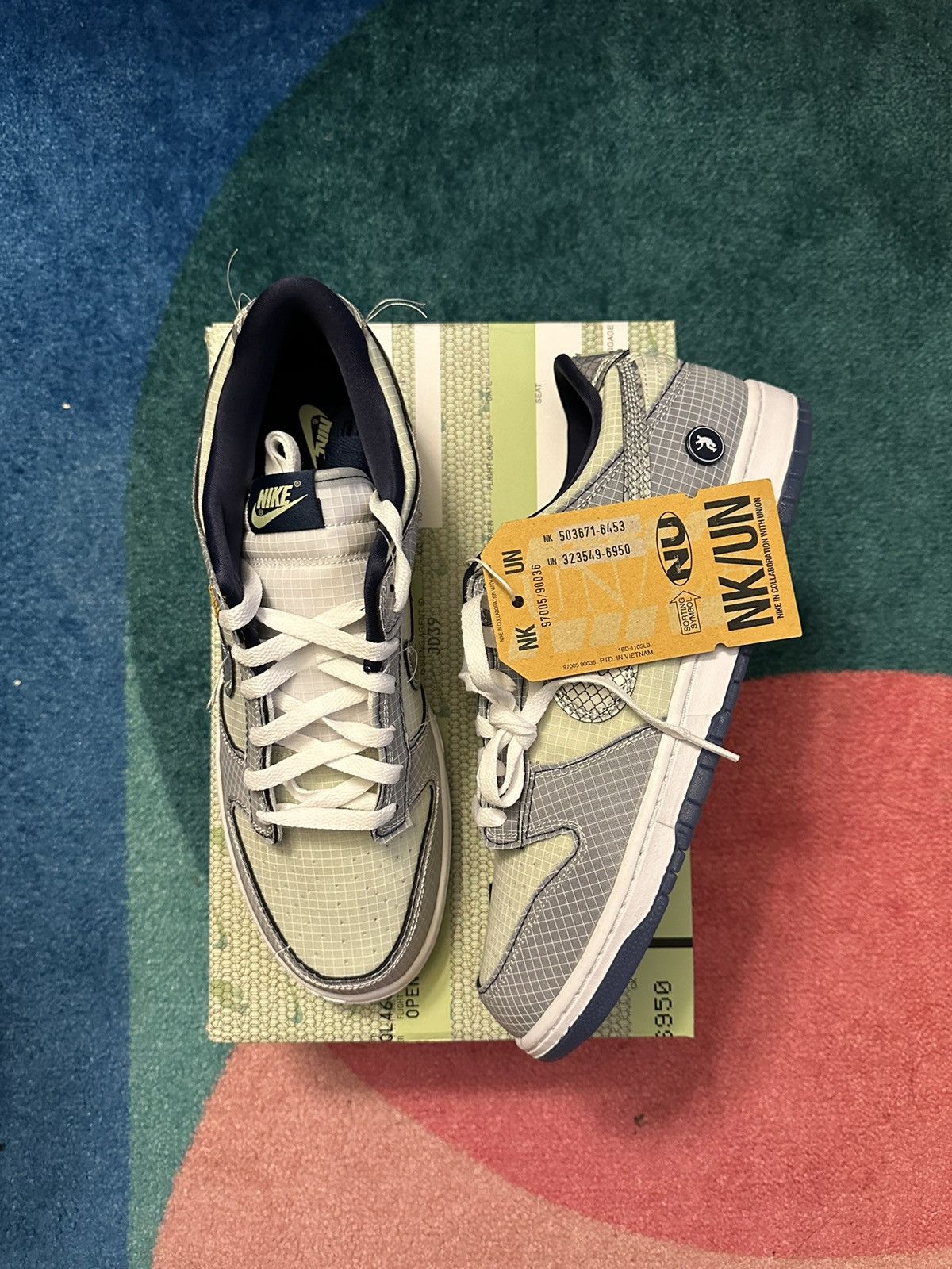 image of Nike x Union La Union Dunk Low Passport Pack Pistachio Shoes in Midnight Navy, Men's (Size 11.5)