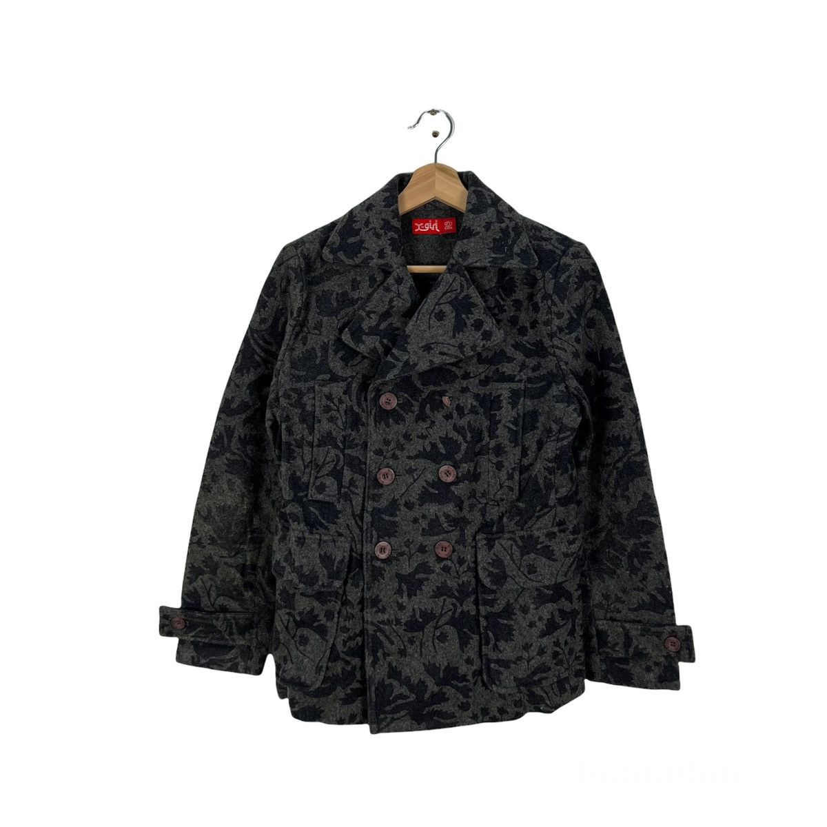 RARE X-GIRL WOOL JACKET DOUBLE BREAST CAMO BLACK DESIGN