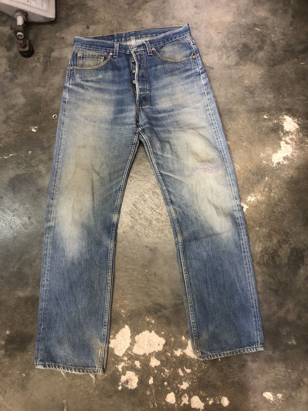 image of Distressed Denim x Levis Vintage 1992 Levis 501Xx Distressed Reworked Denim in Washed Blue (Size 31