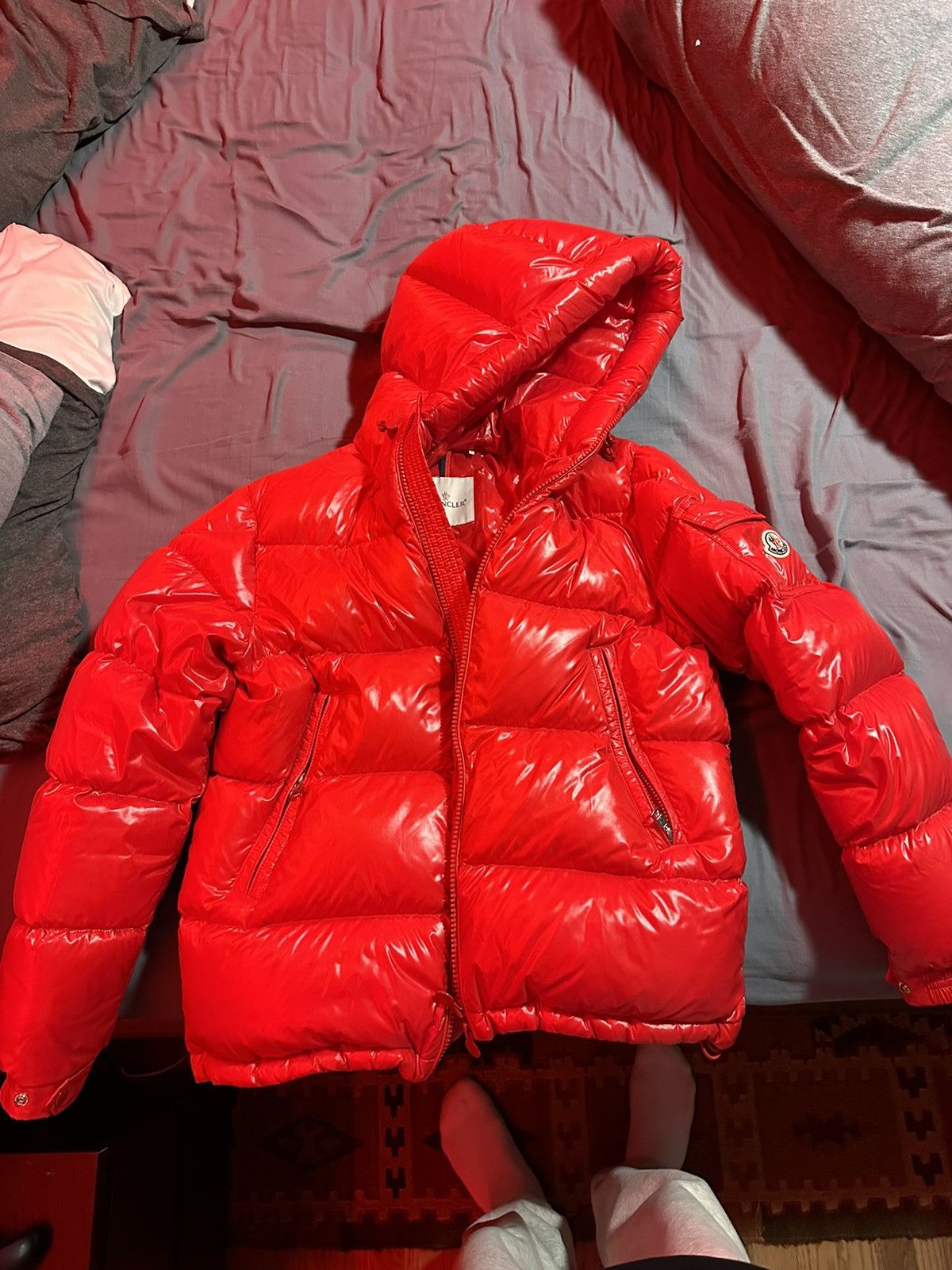 Red moncler bubble jacket deals