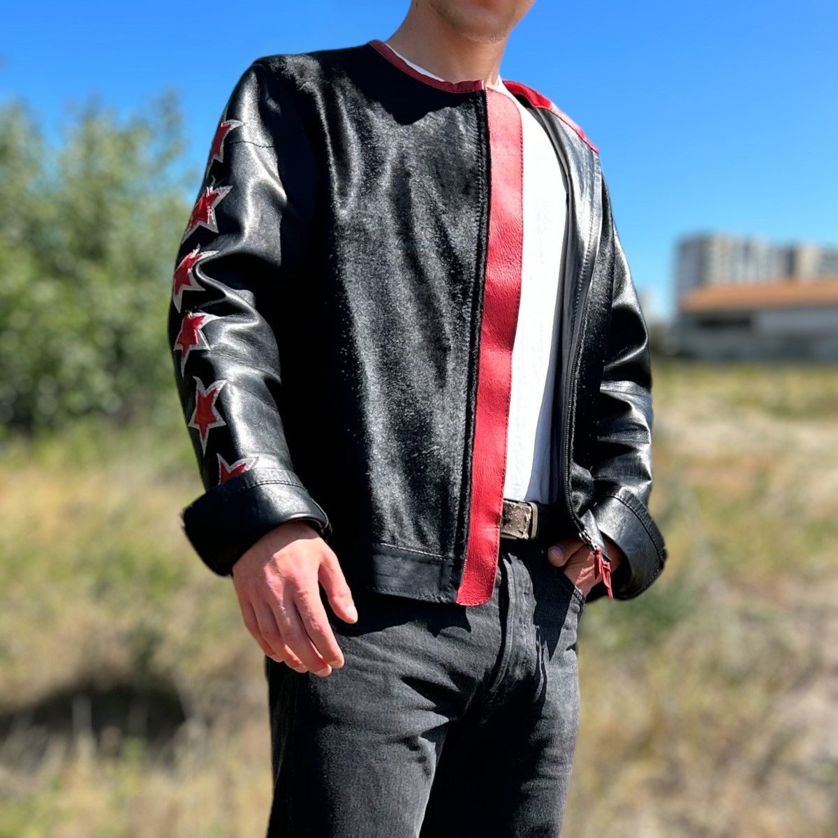 Calf Hair Leather Jacket Riri Zips Luxury Black Red Stars