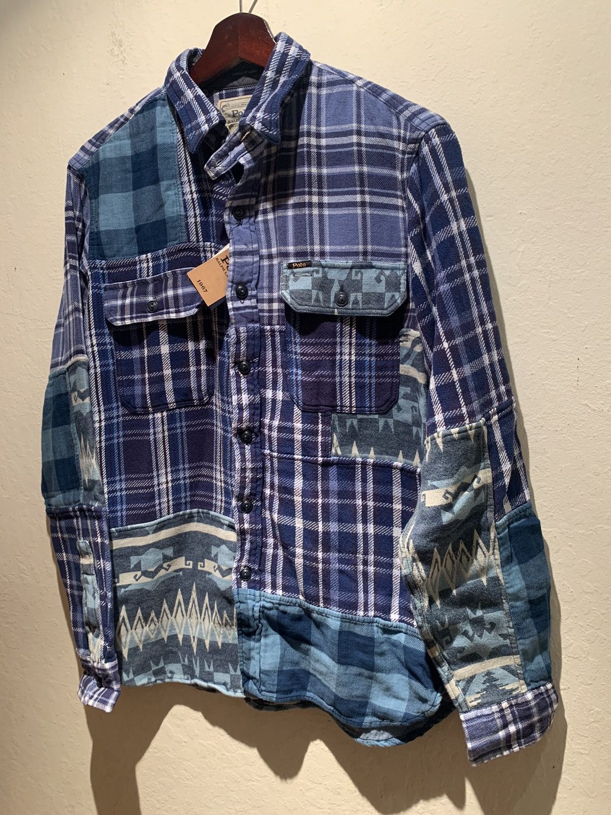 image of New Polo Ralph Laurent Patchwork Button Shirt in Blue/Indigo/White, Men's (Size Small)