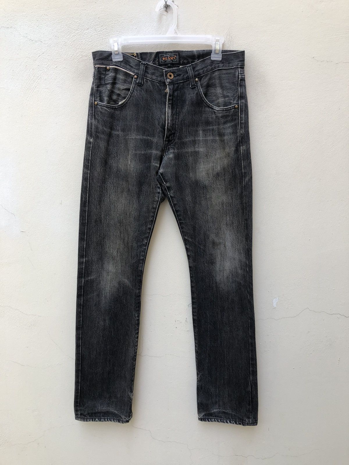 image of Beams Plus Beams + Japan Ripped Faded Black Denim Selvedge Jeans, Men's (Size 30)