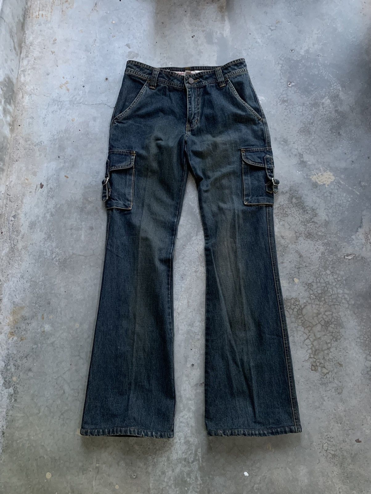 image of Archival Clothing Japanesebrand Romp Wide Leg Flared Cargo Jeans Pant Bootcut in Dark Blue (Size 29