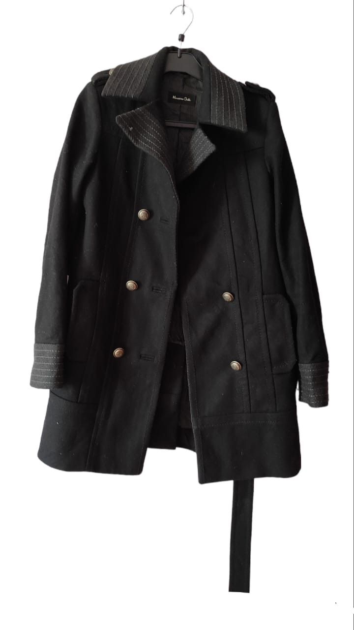 Massimo Dutti Black Belted Trench Wool Coat