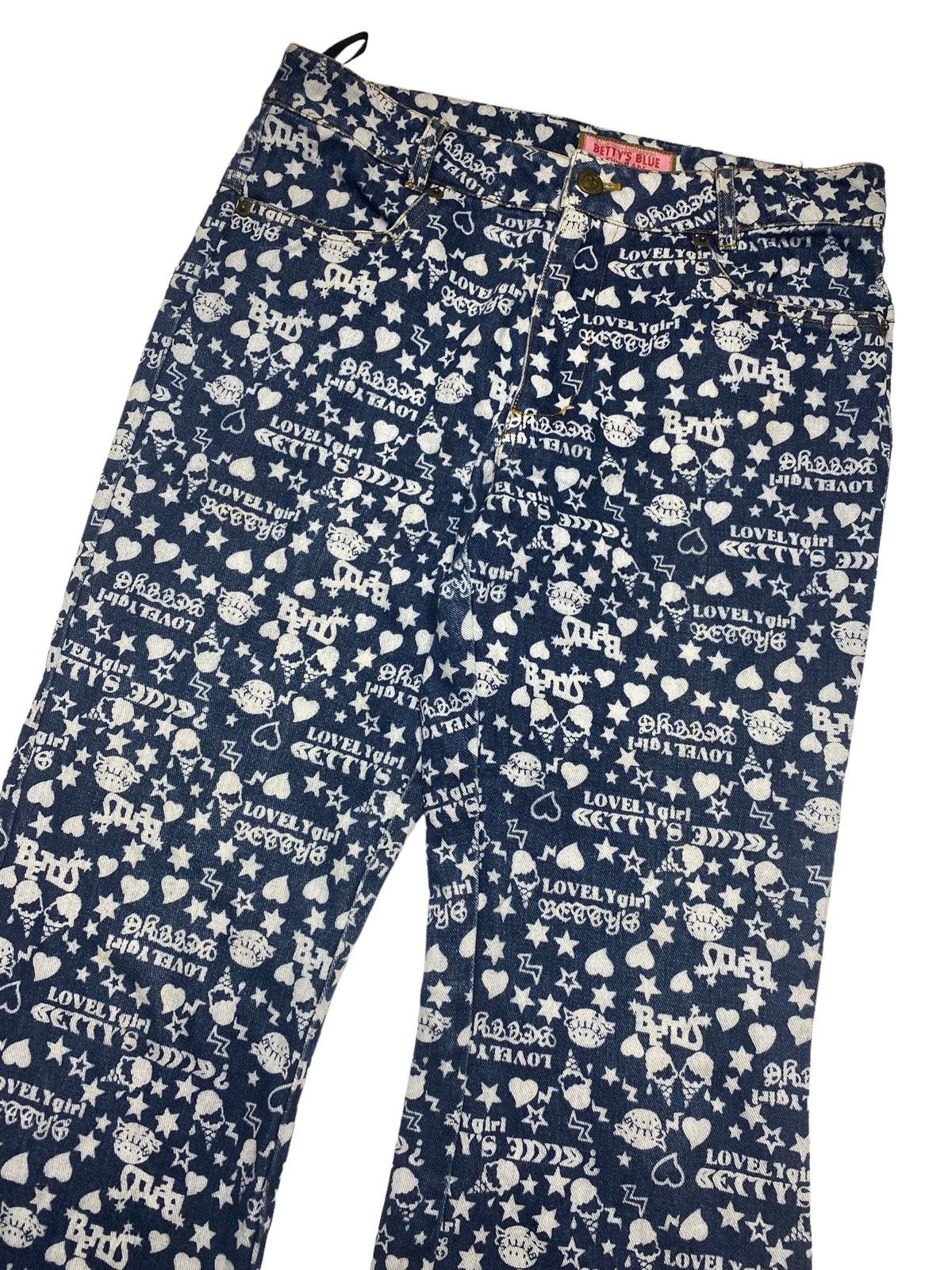 Hysteric Glamour × Japanese Brand 2000s Bettys Blue - Super Flared Printed Denim Pants Size US 28 / EU 44 - 3 Thumbnail