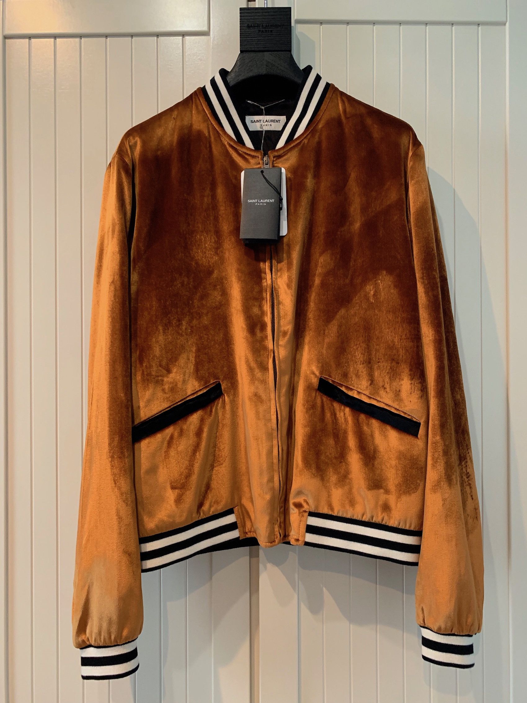 image of Saint Laurent Paris Ss'18 Velvet Ribbed Bomber Jacket in Cognac, Men's (Size Medium)