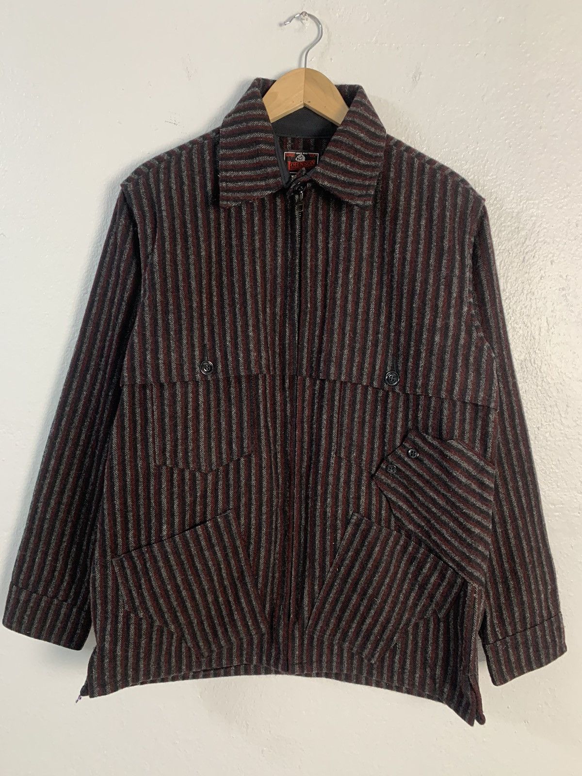 image of Johnson Woolen Mill x Vintage Johnson Stripe Wool Jacket in Maroon/Black/Gray, Men's (Size Medium)