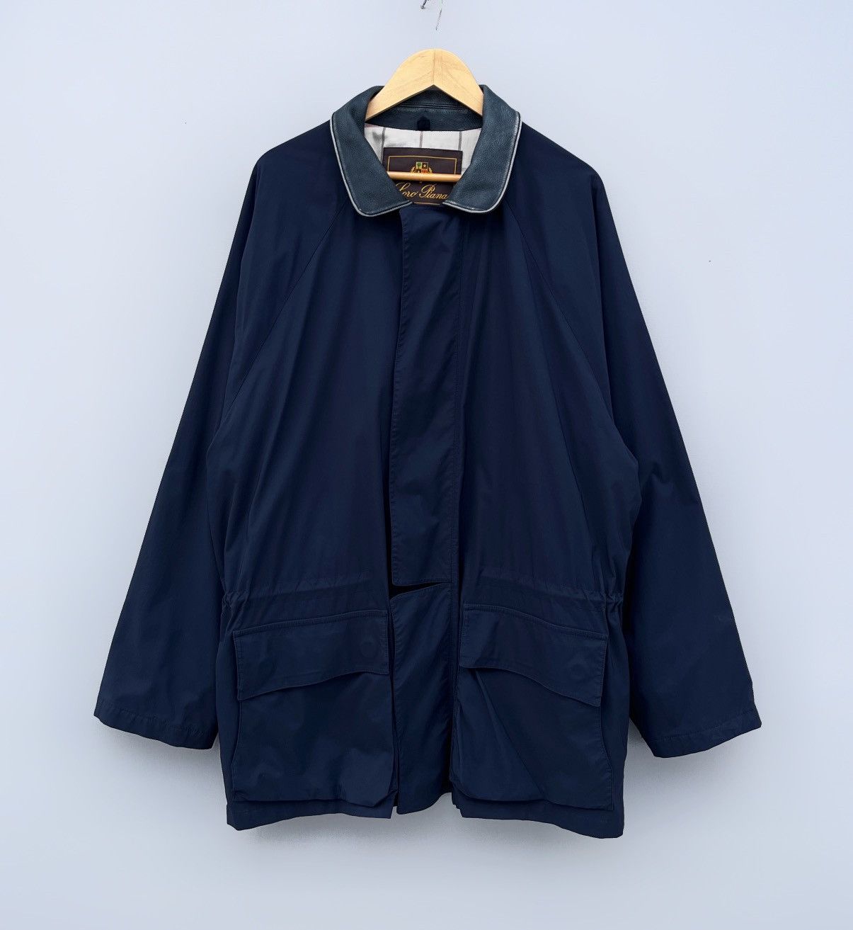 image of Italian Designers x Loro Piana Horsey 1992 Olympics Nylon Leather Collar Jacket in Navy (Size XL)