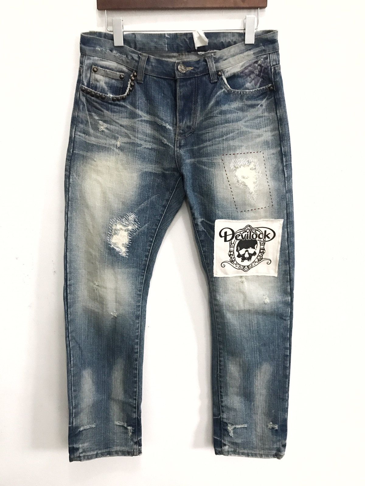 Japanese Brand Devilock Distressed Patches Logo Jeans