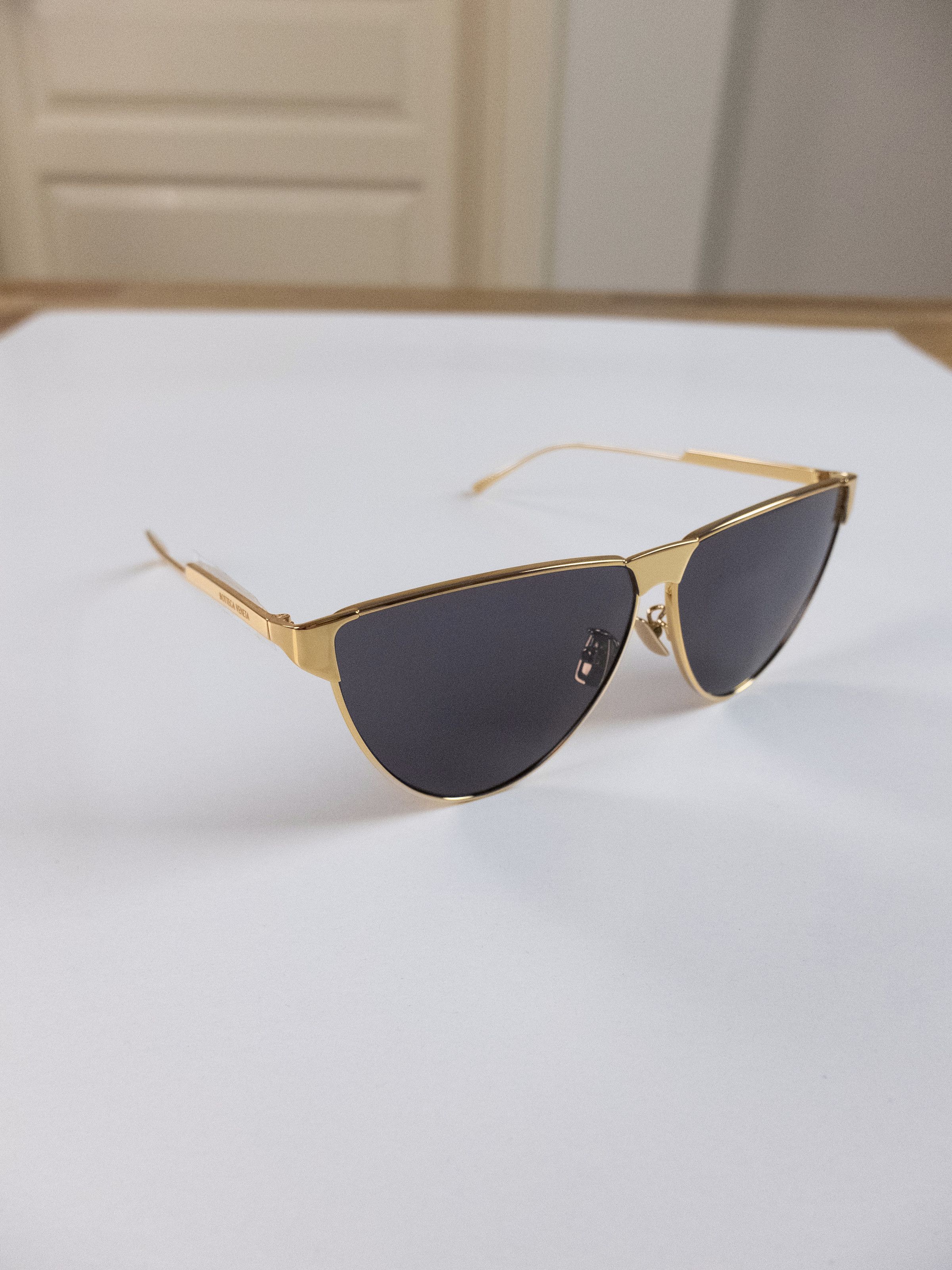 image of Bottega Veneta Gold Tone Metal Curved Aviator Sunglasses, Women's