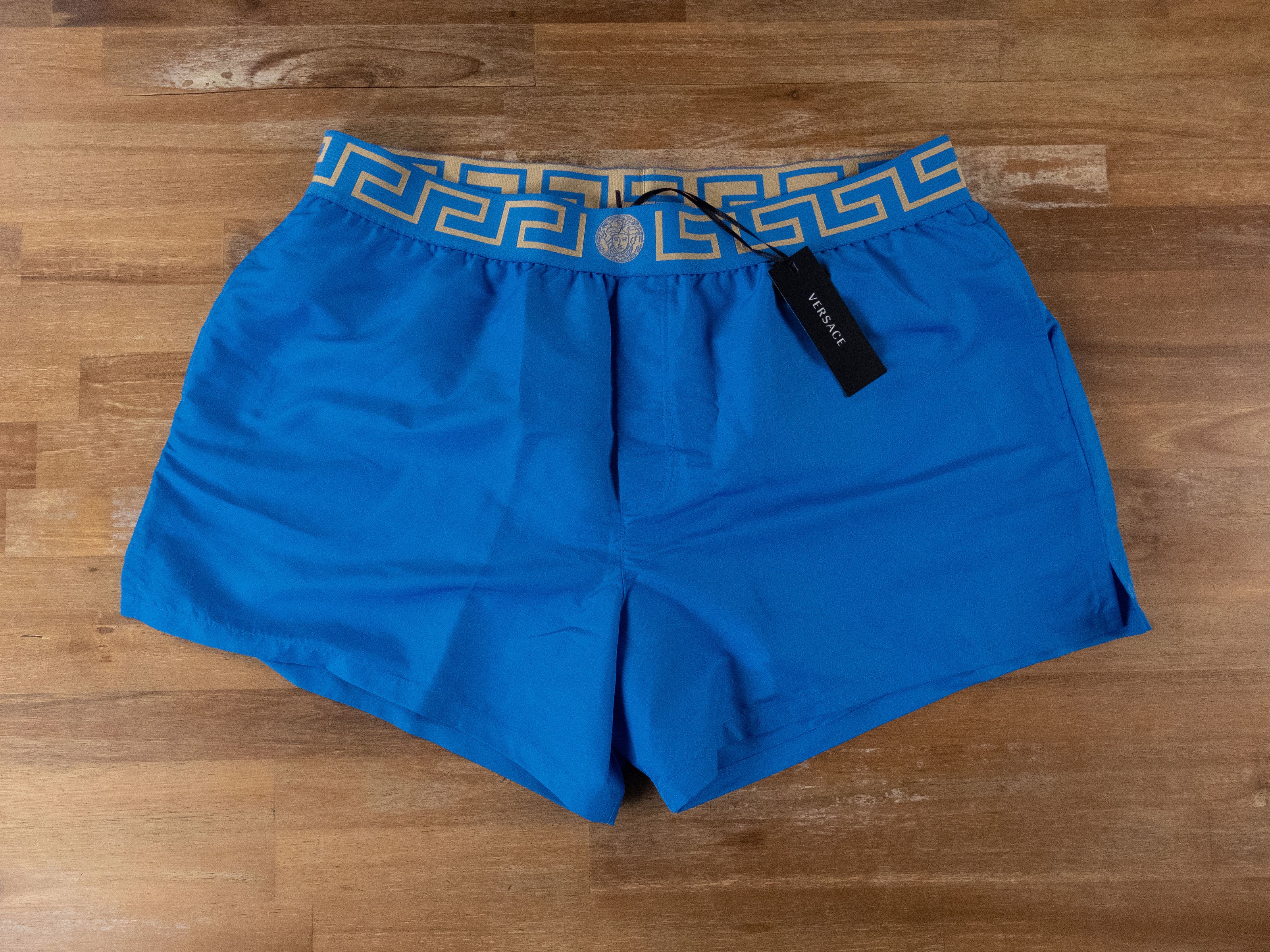 image of Versace Blue Greca Waistband Swim Shorts 8 3Xl Trunks, Men's (Size 40)