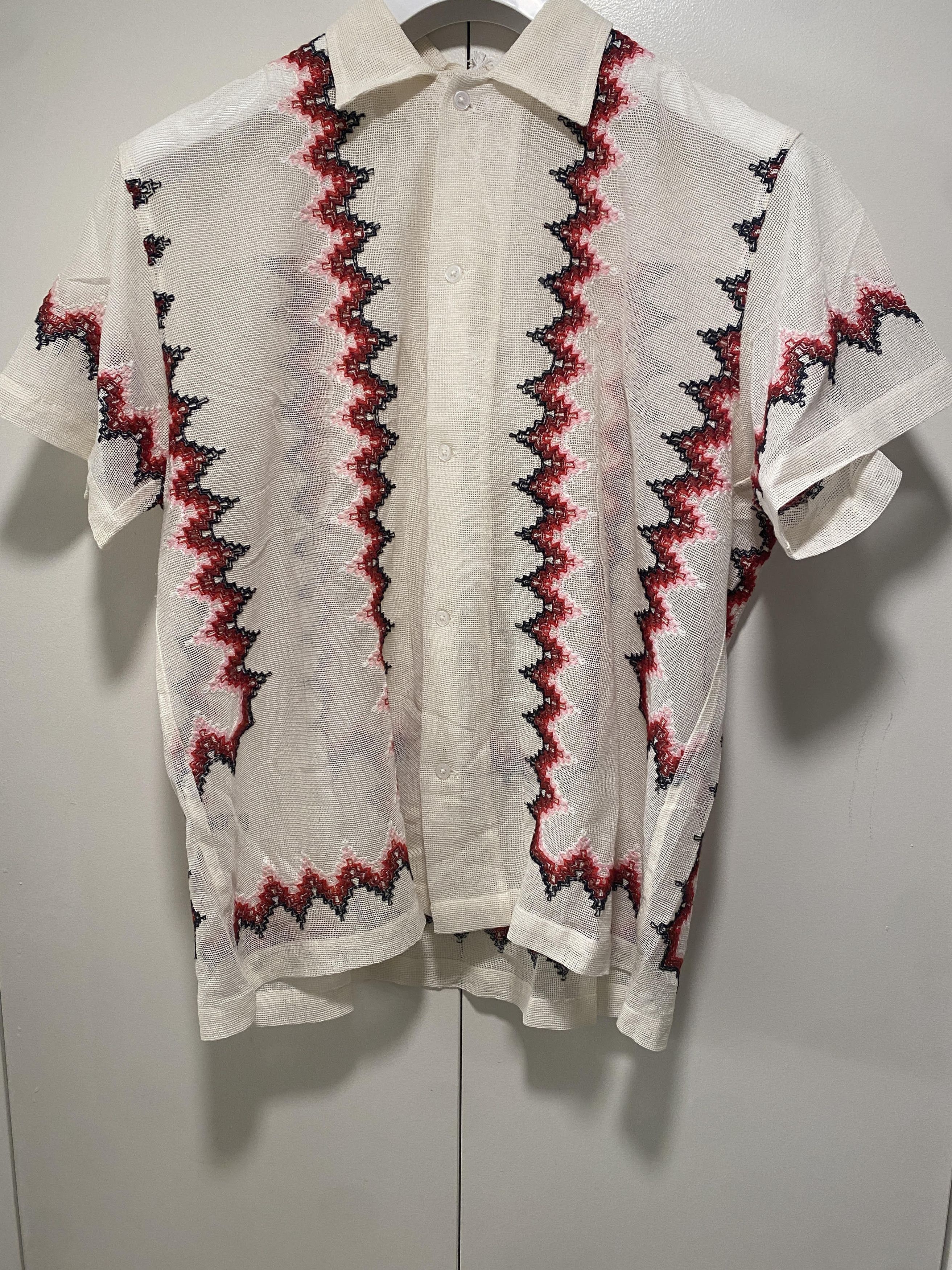 Bode Bode Loop Mesh Shirt in Pink/Multi zig zag Size US M / EU 48-50 / 2 - 1 Thumbnail