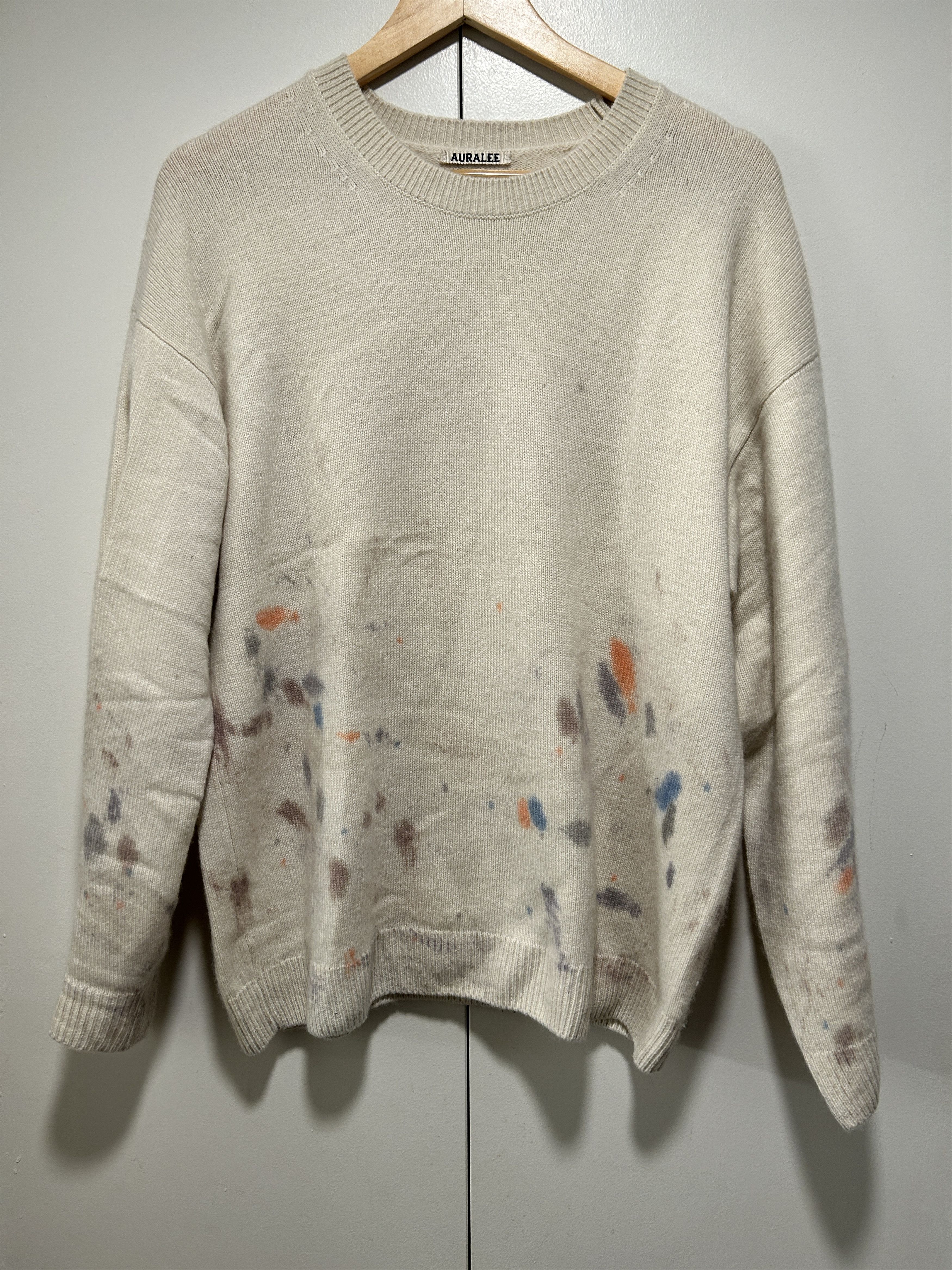 image of Auralee Cashmere Paint Splatter Sweater in Natural, Men's (Size Medium)
